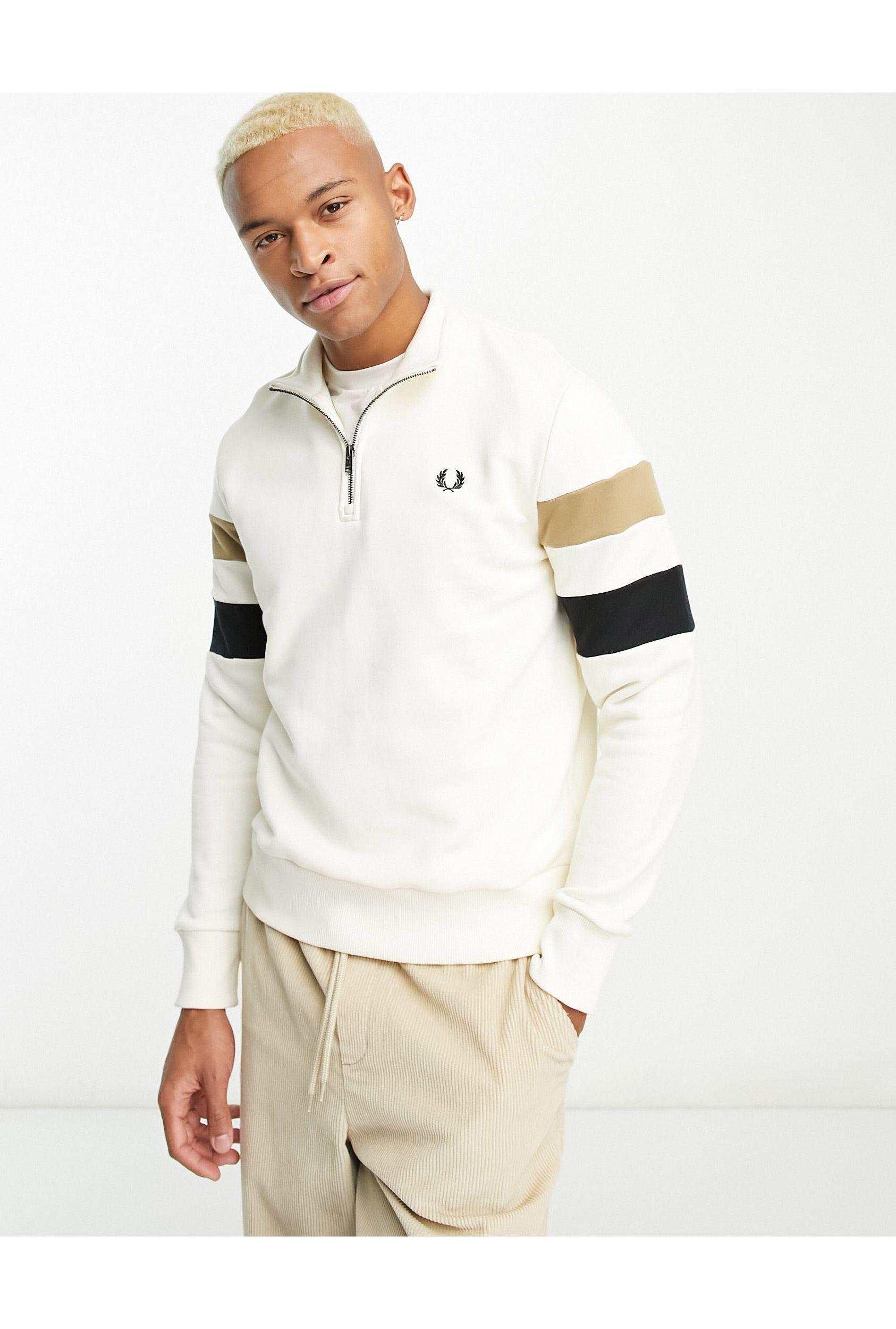 Fred Perry Tipped Quarter Zip Sweatshirt in White for Men | Lyst