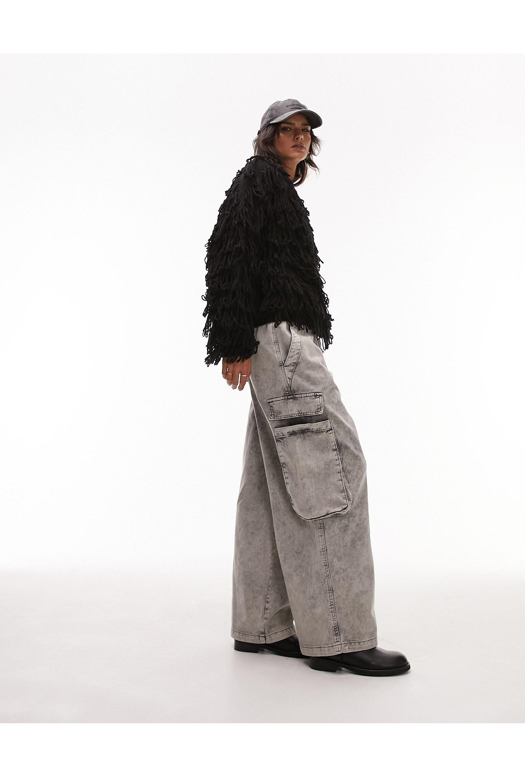 TOPSHOP Balloon Acid Washed Pull On Pocket Cargo Trouser in White