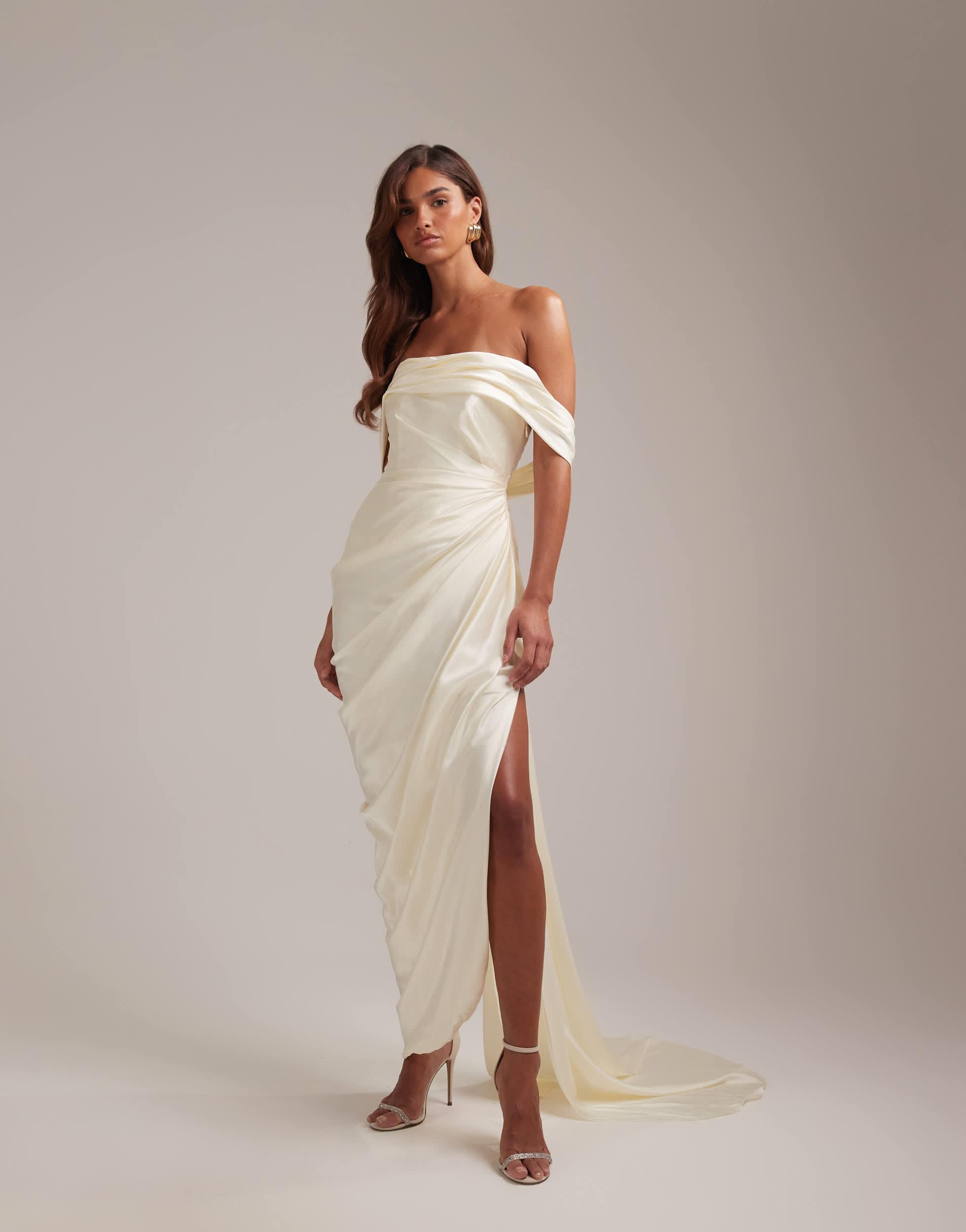 asos wedding maxi dress ASOS Draped Bardot Tie Back Maxi Wedding Dress in Natural