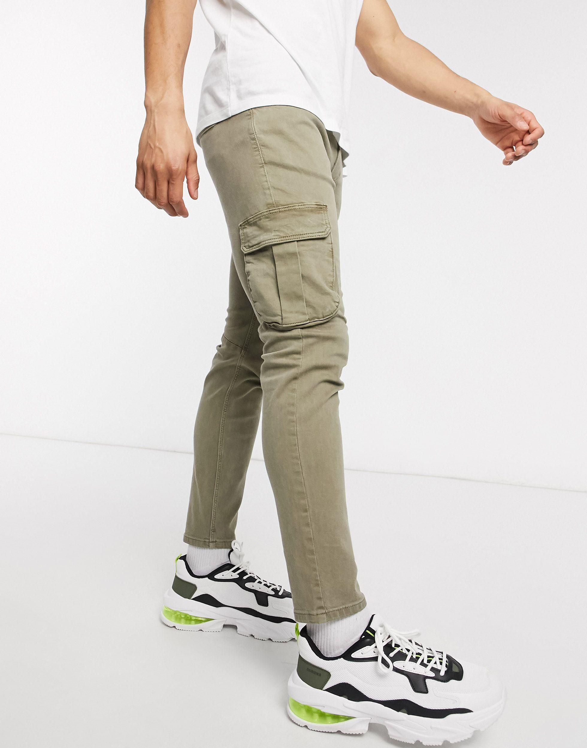 Beige Mid Rise Plain Cotton Slim Fit Cargos Trousers (DOCAR) | Celio