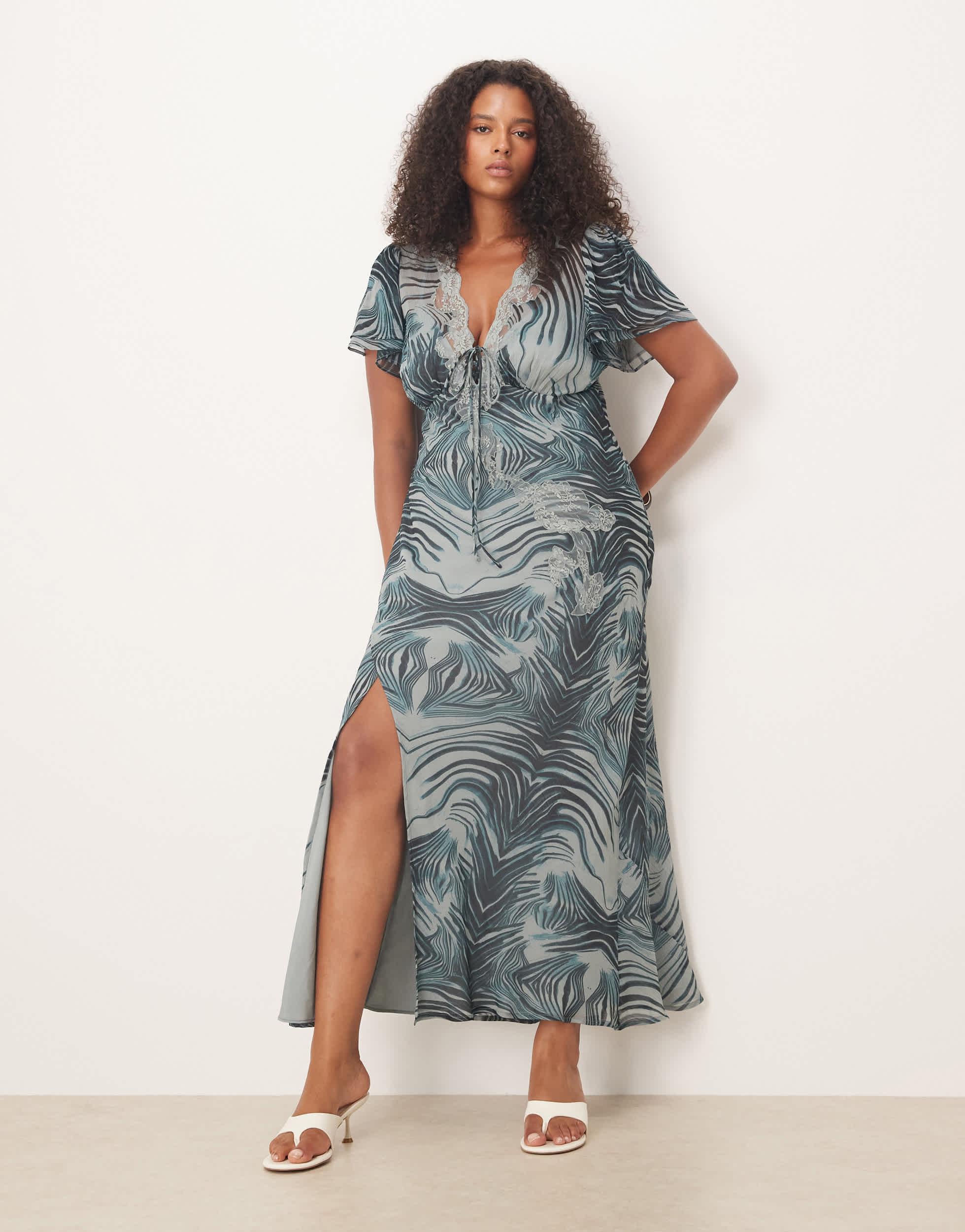 asos design flutter sleeve midi dress ASOS DESIGN flutter sleeve open back midi dress in purple
