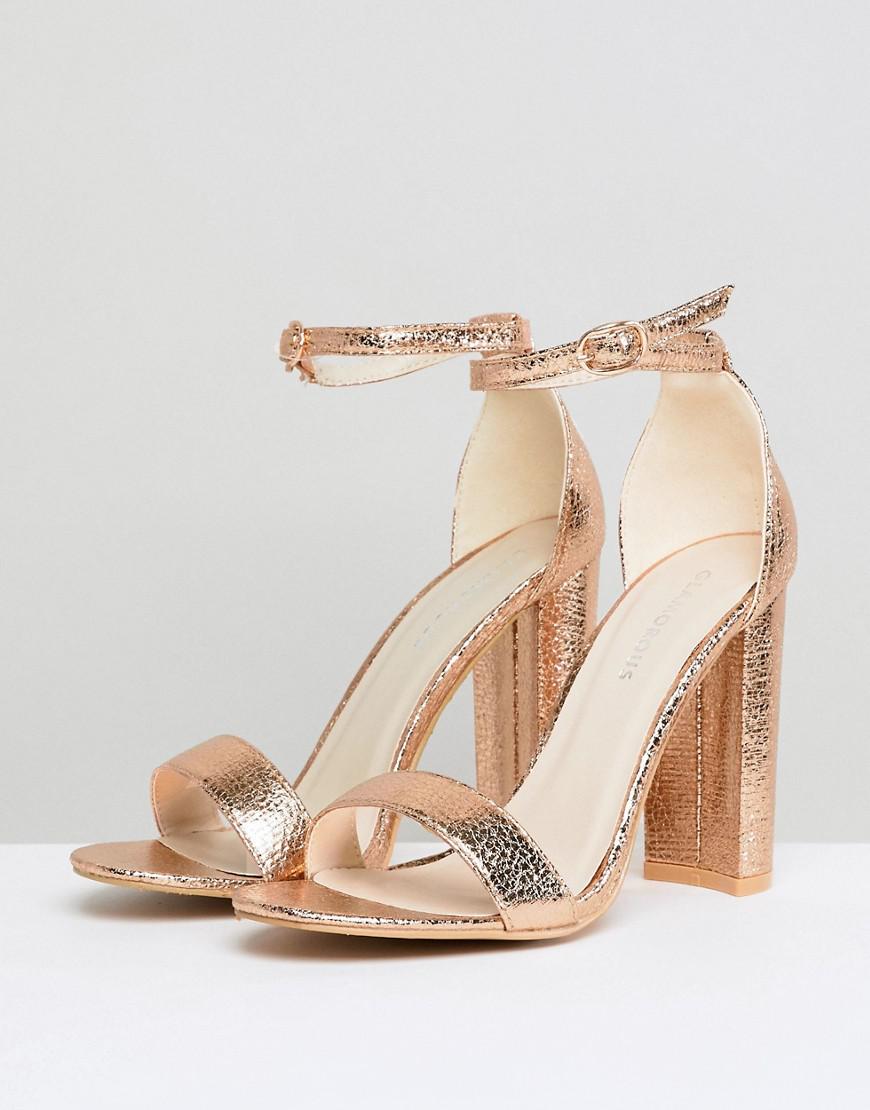 gold barely there block heels