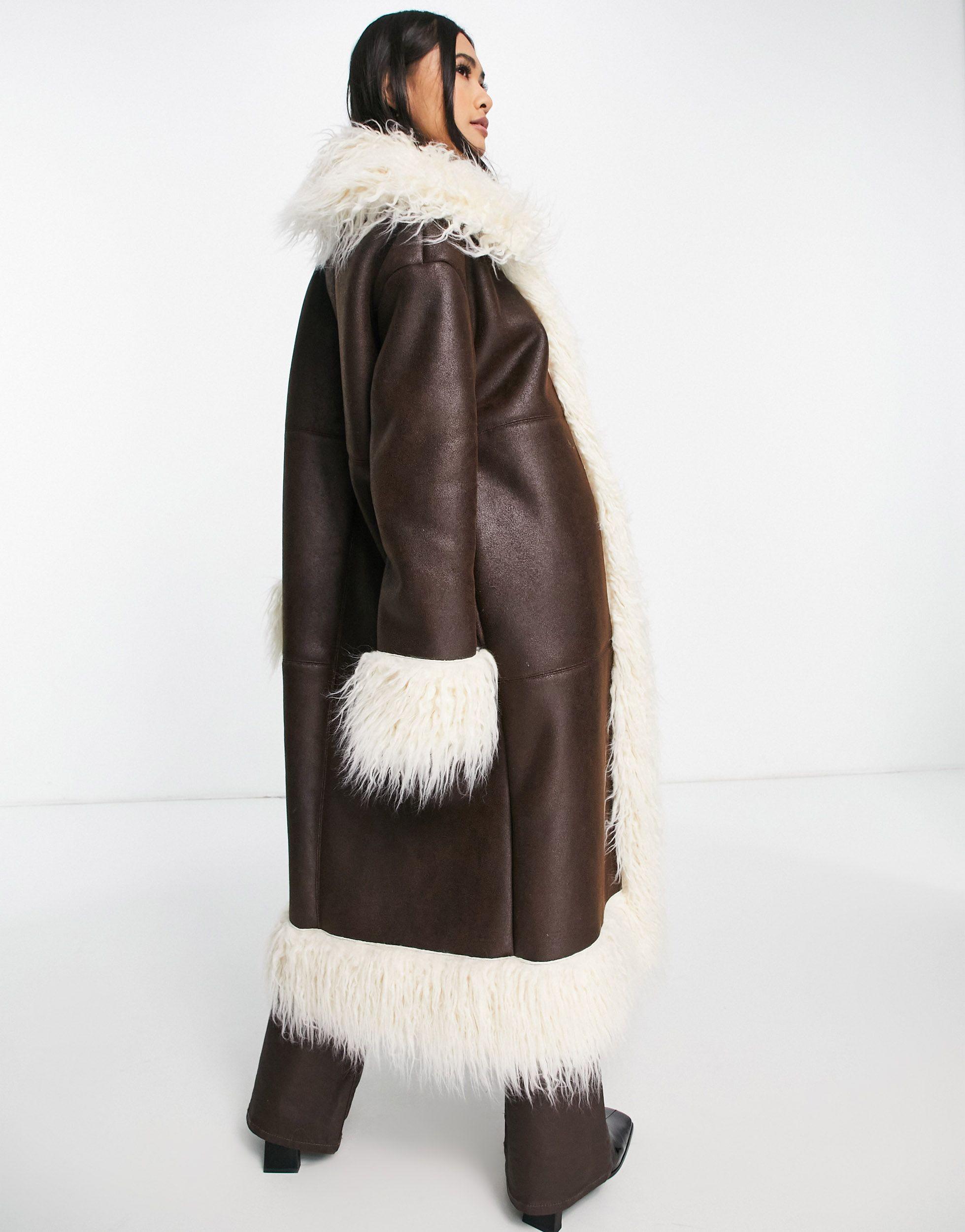TOPSHOP Faux Suede & Fur Trim Long Coat in Brown | Lyst