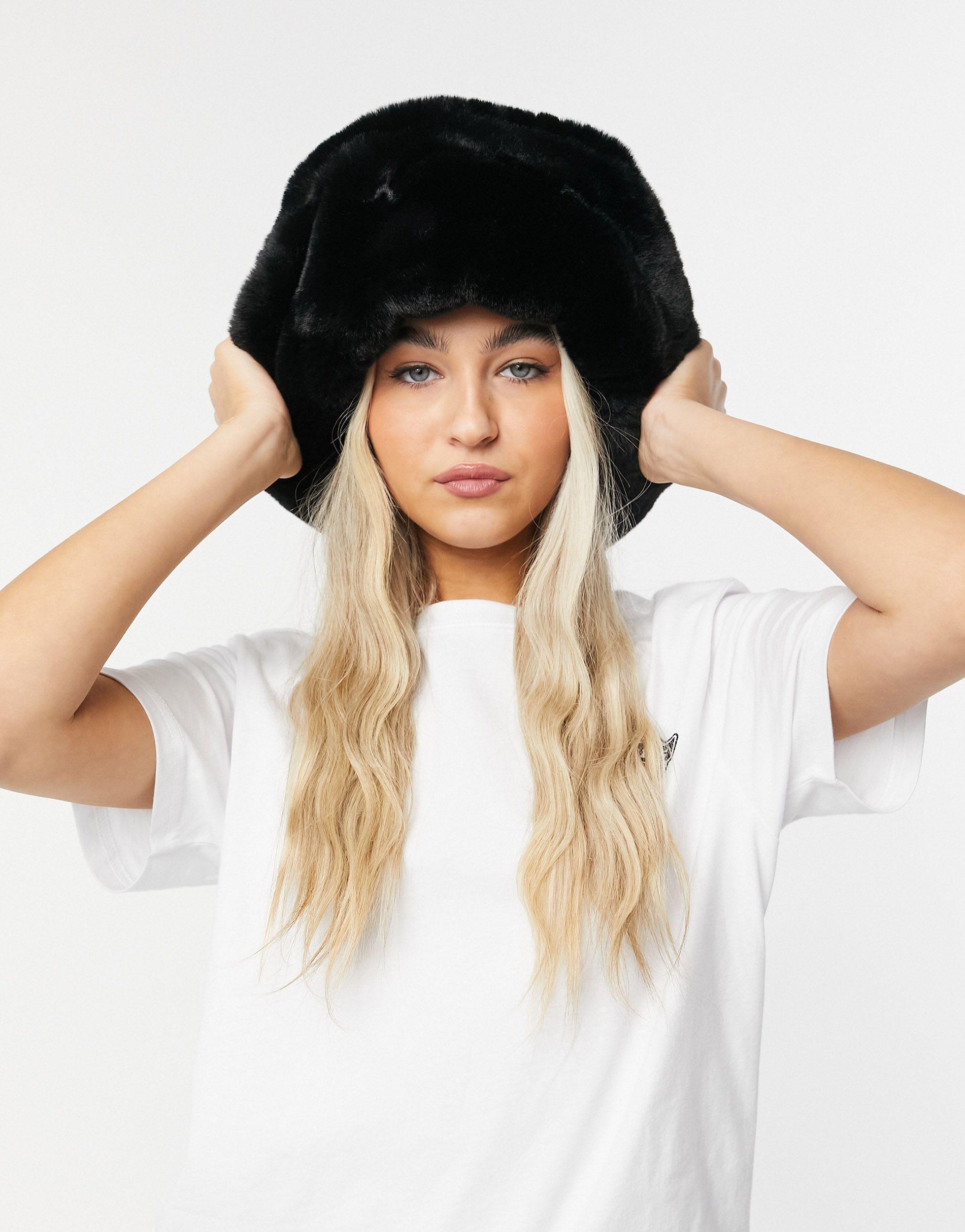 ASOS Oversized Faux Fur Bucket Hat in Black | Lyst