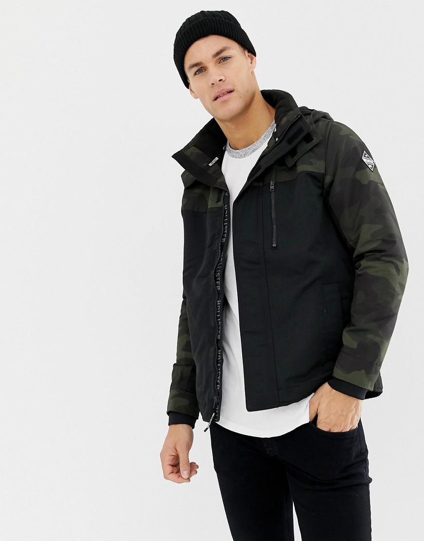 Hollister Fleece Lined Hooded Colour Block Jacket In Black/camo for Men |  Lyst