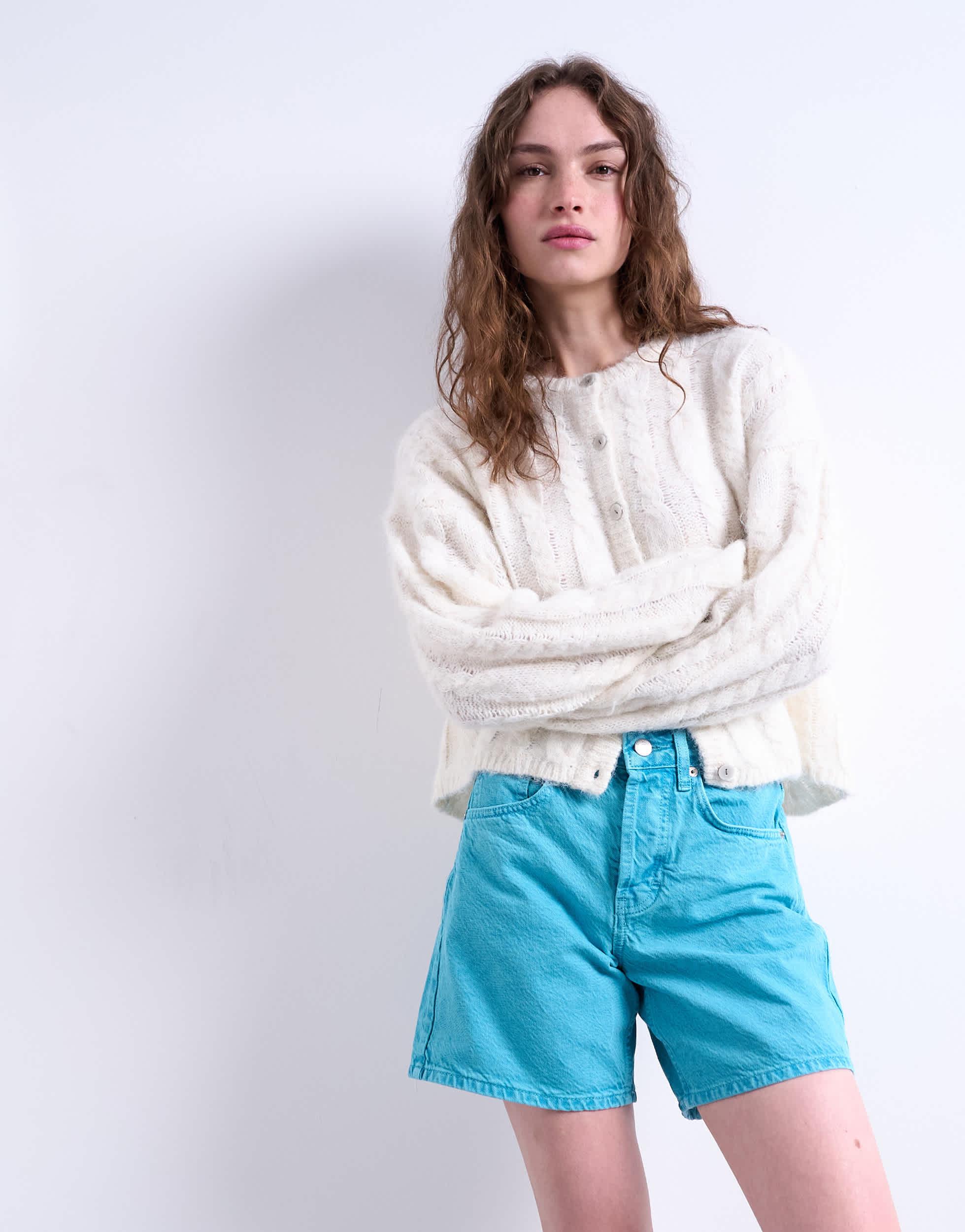 Topshop Short femme en coton bleu coupé à fermeture éclair