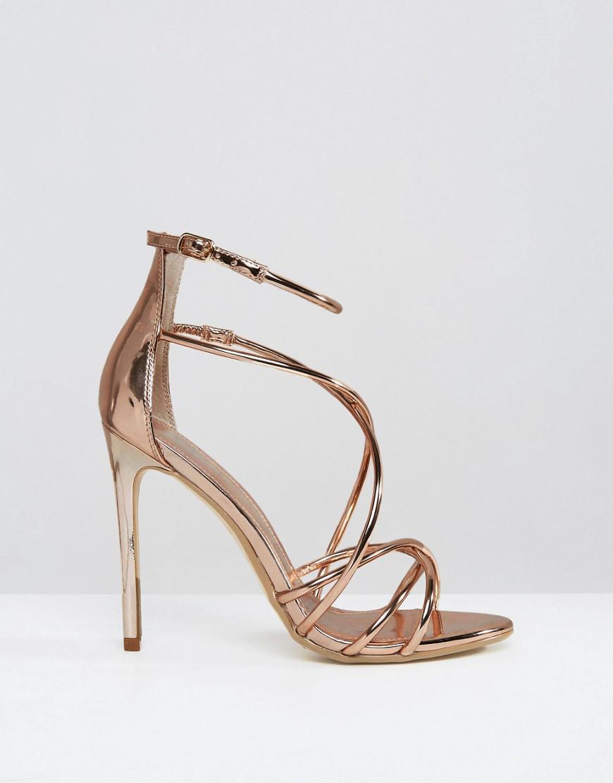Office Synthetic Spindle Rose Gold Mirror Strappy Heeled Sandals in ...