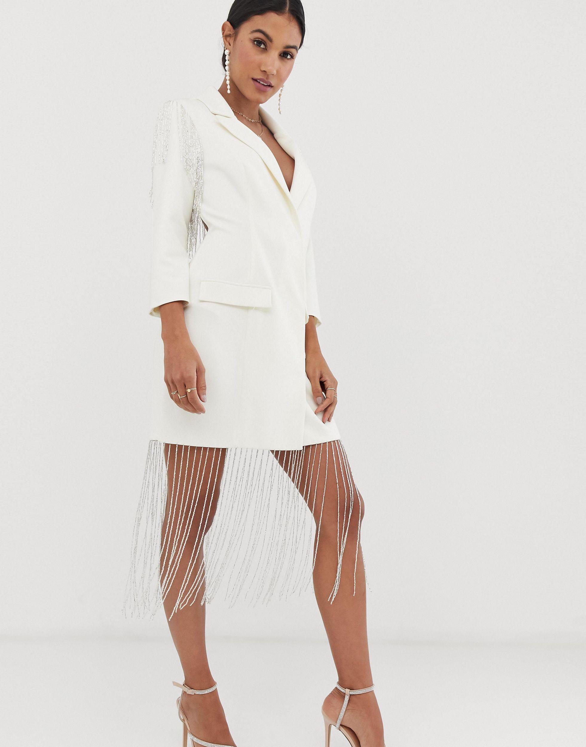 ASOS Synthetic Embellished Fringe Blazer Mini Dress in White - Lyst