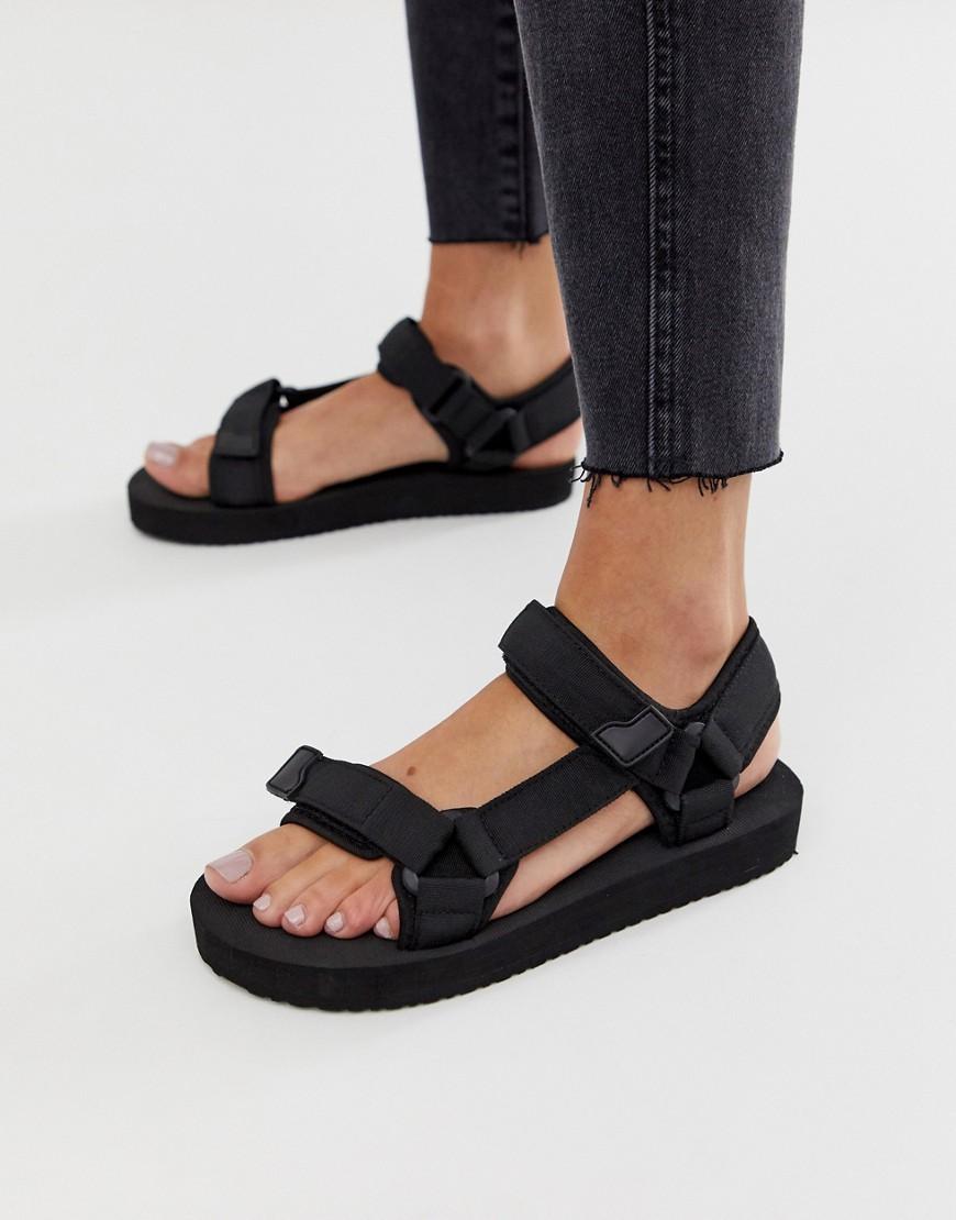 Women's Athletic Velcro Black Flat Sandals, CN39 Black PU Leather