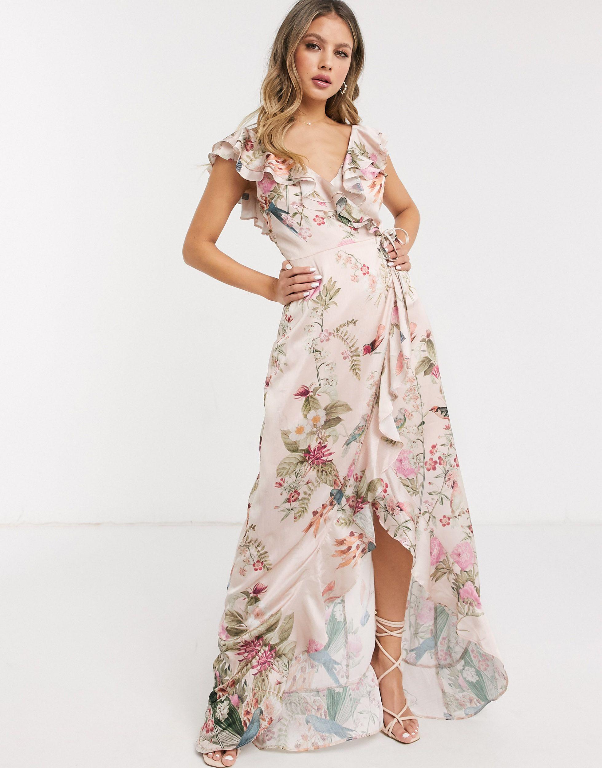 Lipsy X Abbey Clancy Wrap Front Ruffle Midi Dress in Pink | Lyst