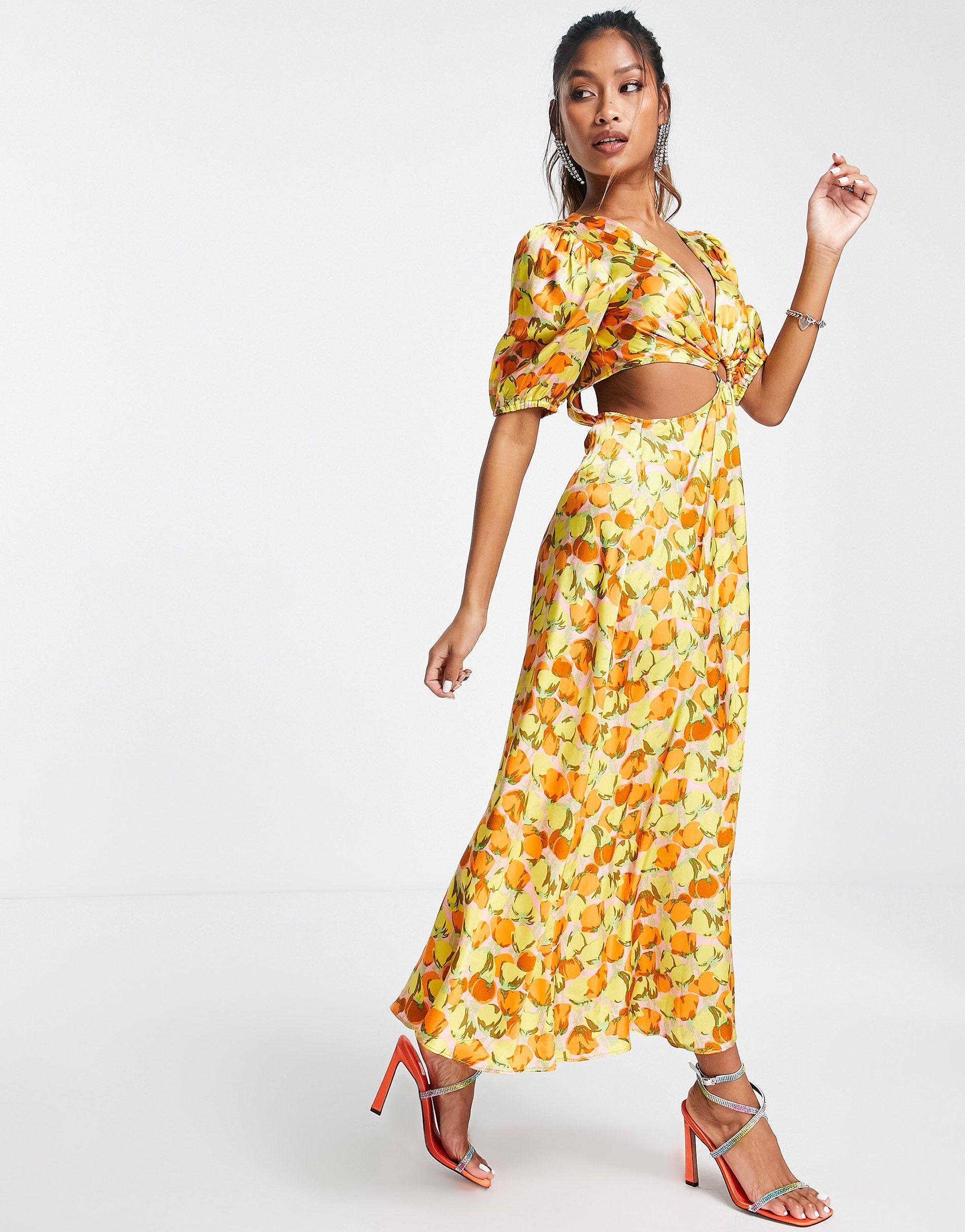 TOPSHOP Ring Detail Cut Out Satin Balloon Sleeve Floral Midi Dress in  Orange | Lyst UK