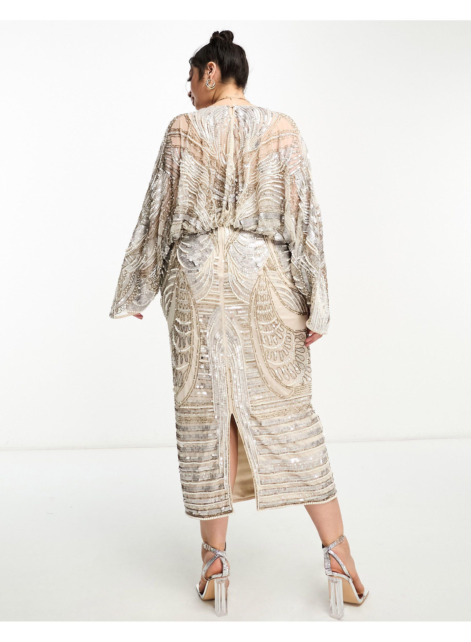 asos design kimono midi dress with delicate beaded embellishment Kendra Grey Embellished Midi Dress – Frock and Frill main image 1