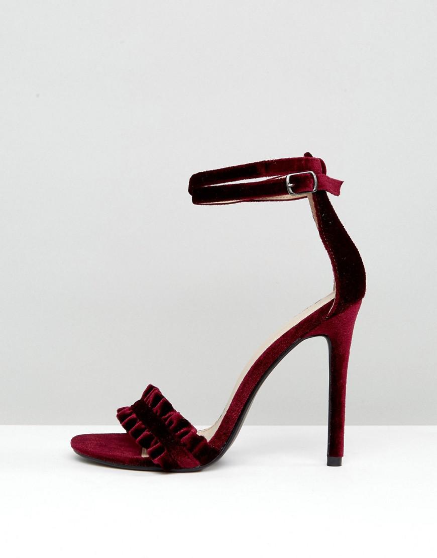 Public Desire Pheonix Burgundy Velvet Ruffle Heeled Sandals in Red | Lyst