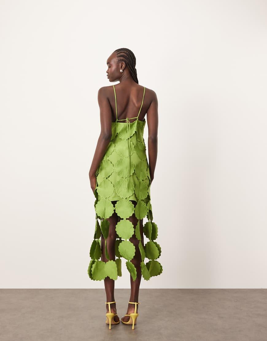 arrange cutwork floral midi dress with fringe hem in green colourway-taleah