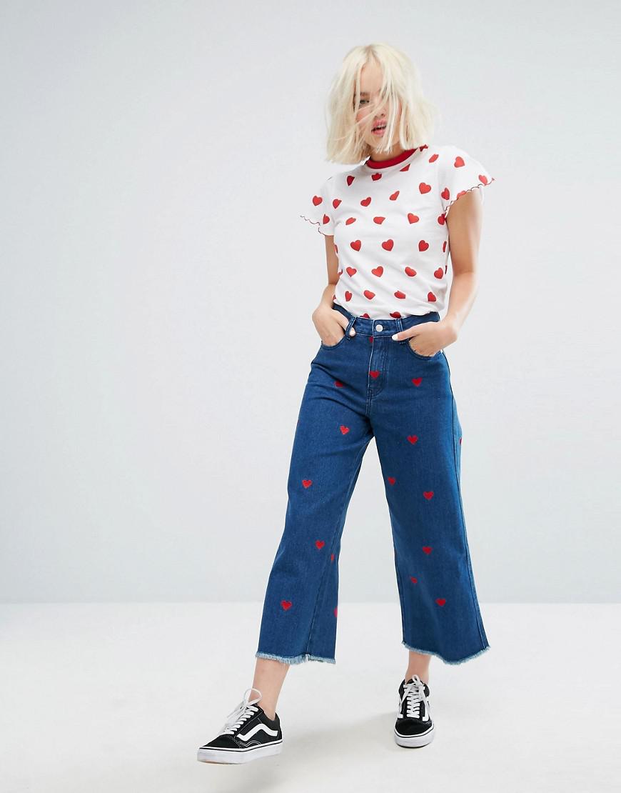 Lazy Oaf Wide Leg Denim Love Jeans With All Over Hearts Co-ord in 
