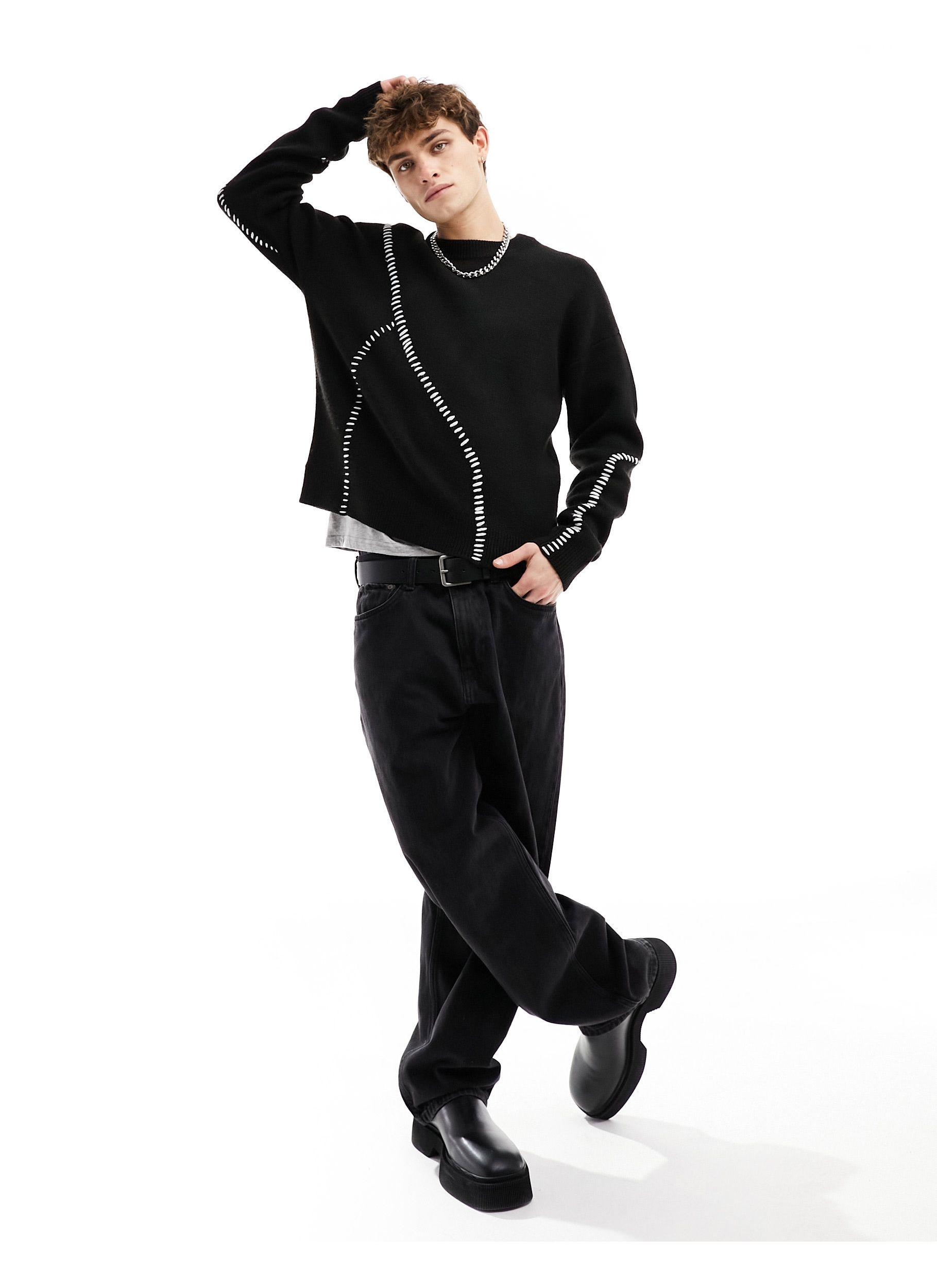 Bershka Contrast Cross Stitch Knitted Jumper in Black for Men | Lyst