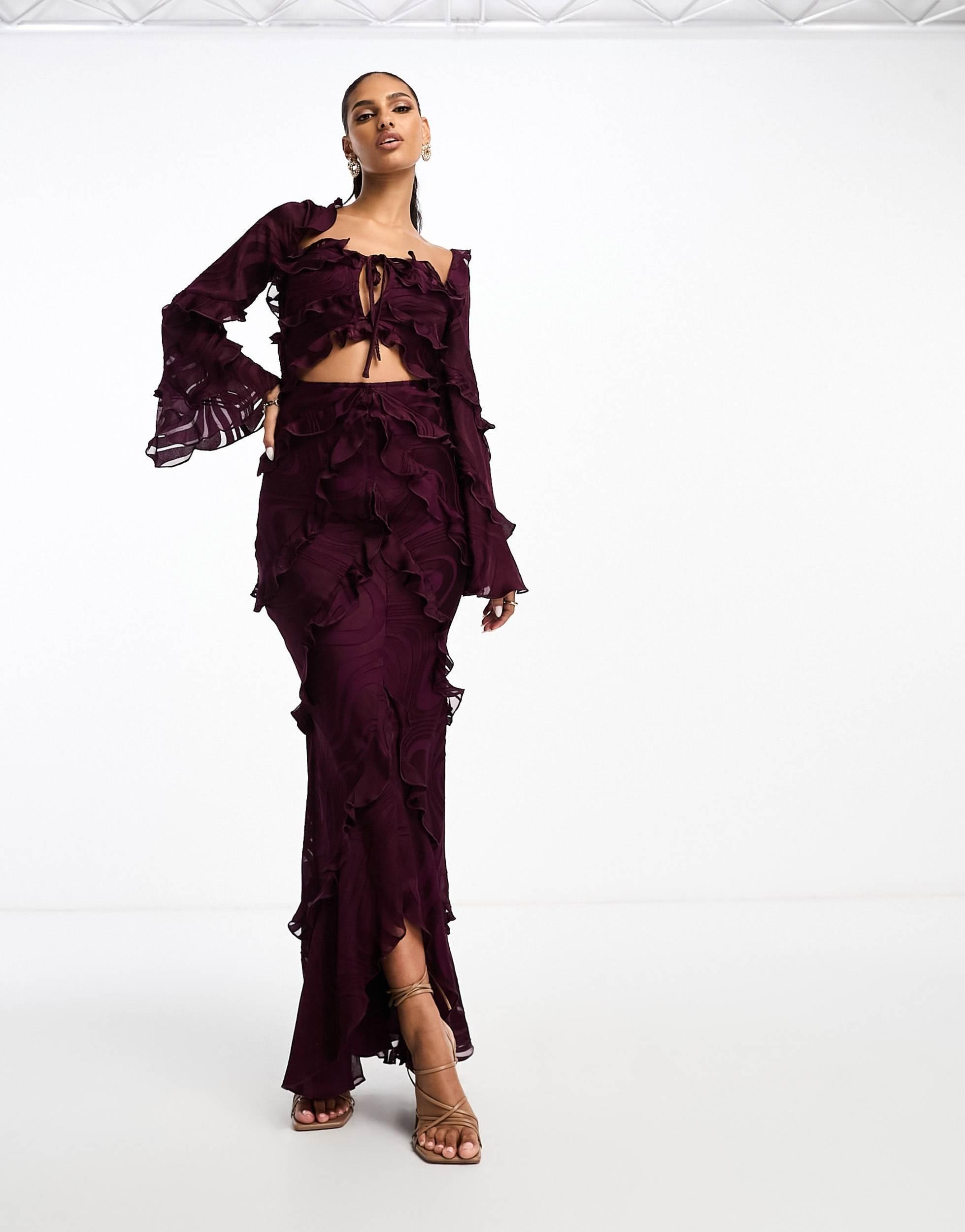 ASOS Milkmaid Ruffle Cut Out Satin Devore Maxi Dress With Flare Sleeve in  Red | Lyst