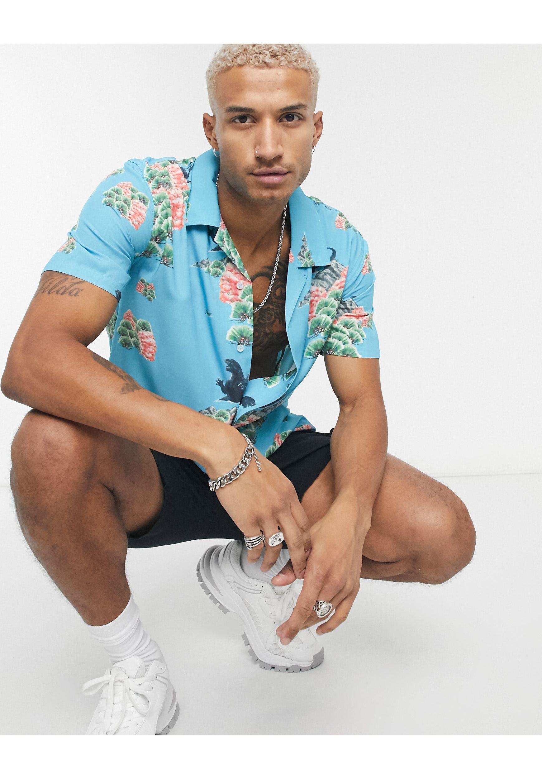 Huf X Godzilla Resort Shirt in Blue for 