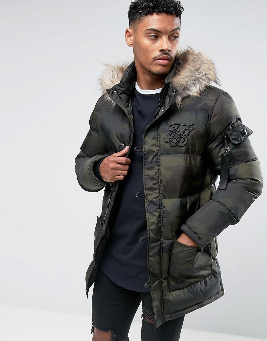 camo puffer jacket with fur hood