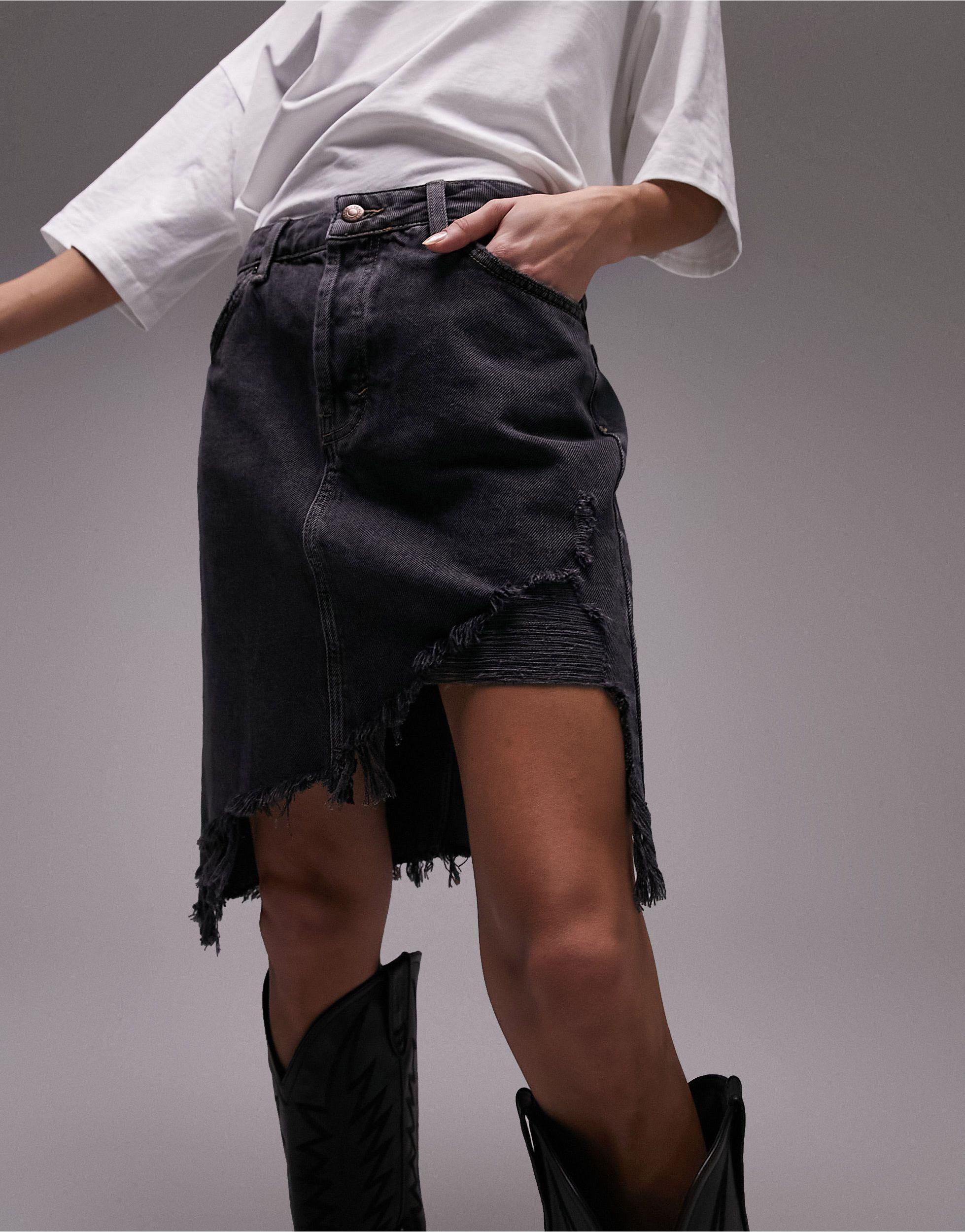 TOPSHOP Denim Distressed Rip Skirt in Black | Lyst