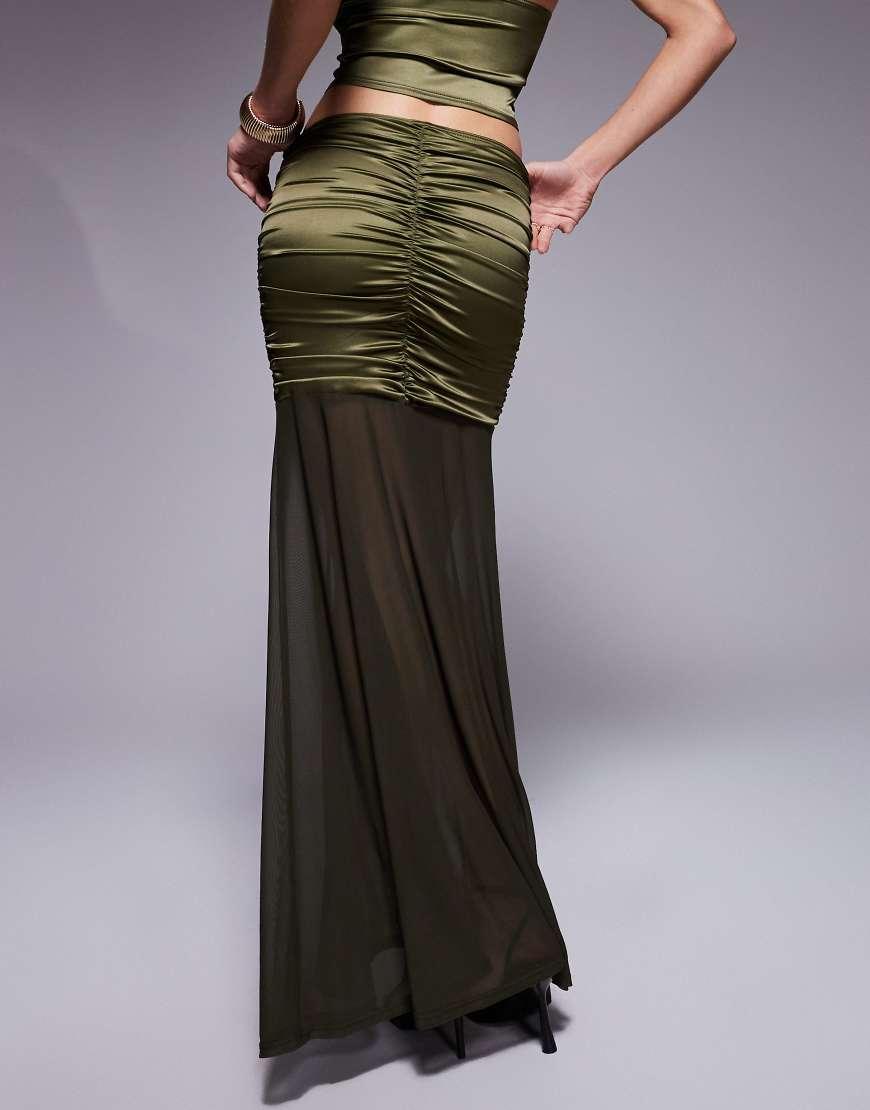 ASOS Co-Ord Stretch Satin Ruched Maxi Skirt With Mesh Hem in Green