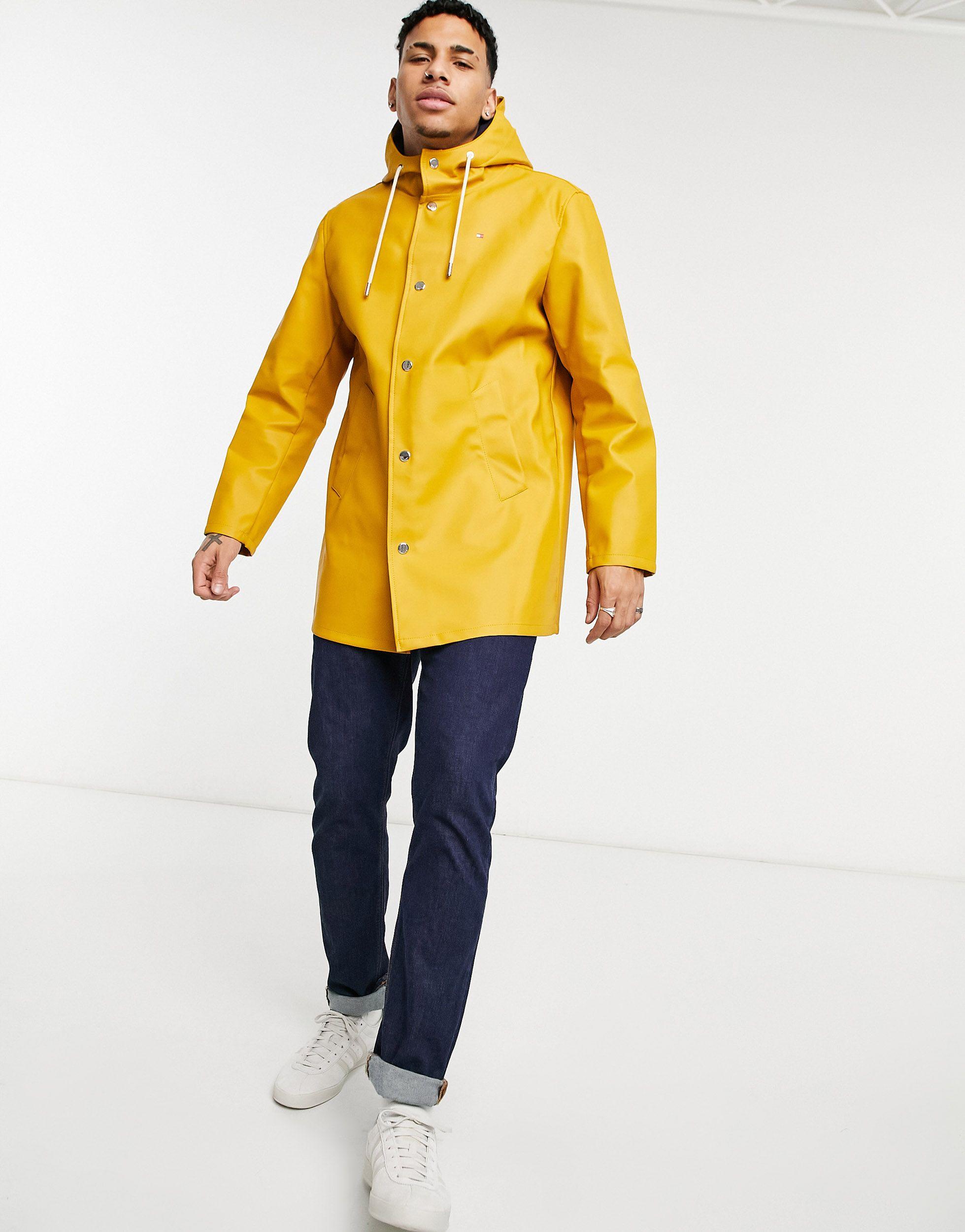 Tommy Hilfiger Rubberized Pu Mid-length Rain Slicker Jacket in Yellow ...