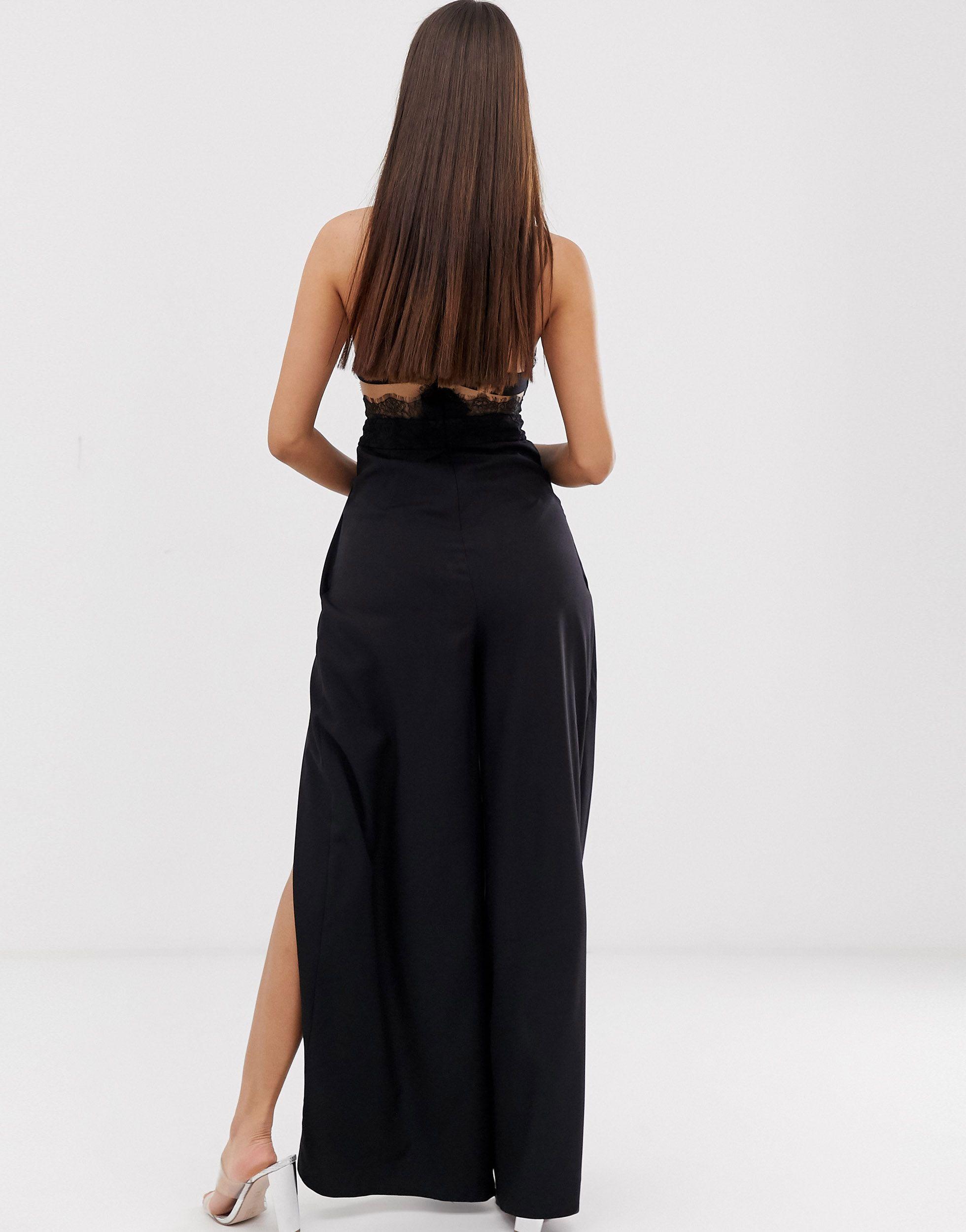 love triangle halter neck open back jumpsuit with thigh split in white