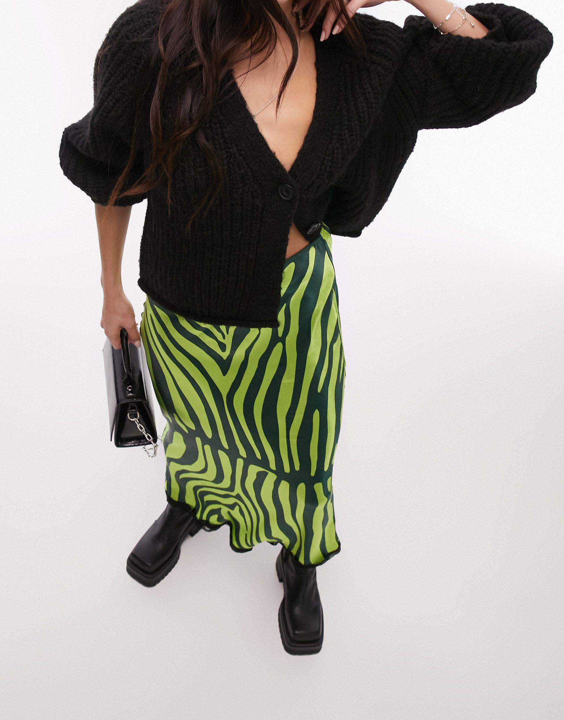 TOPSHOP Zebra Print Satin Midi Skirt in Green | Lyst