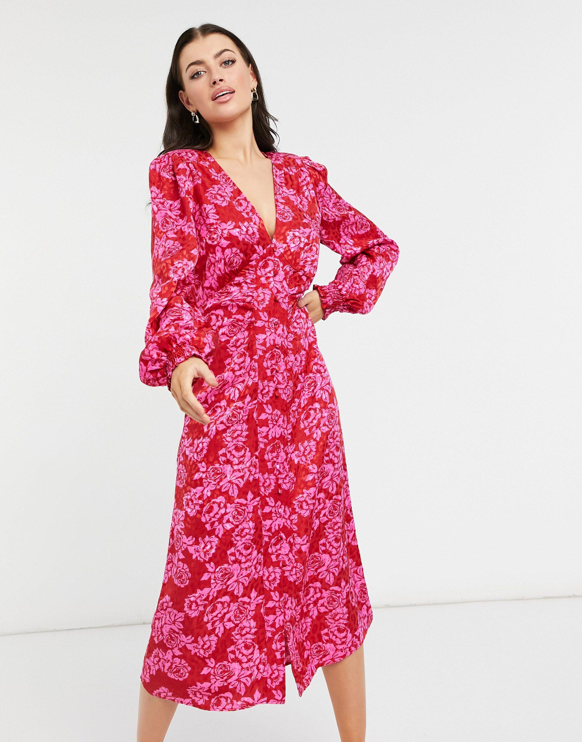 River Island Shoulder Midi Dress in Pink | UK