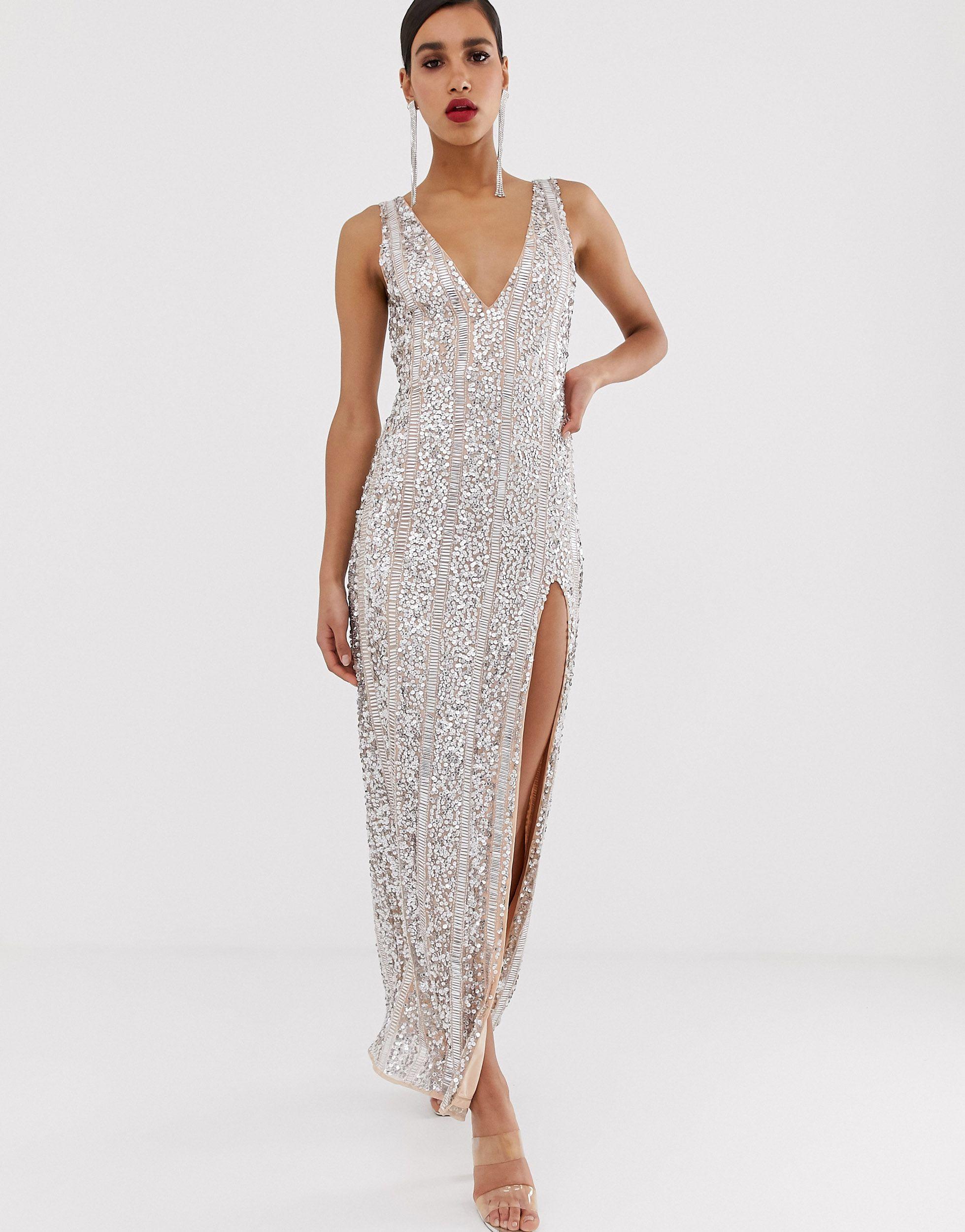 Missguided Peace And Love Embellished Maxi Dress With Side Split in  Metallic | Lyst