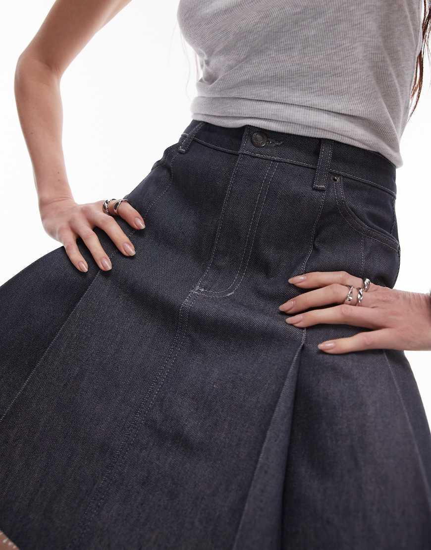 TOPSHOP Denim Knee Length Pleated Skirt in Blue Lyst UK