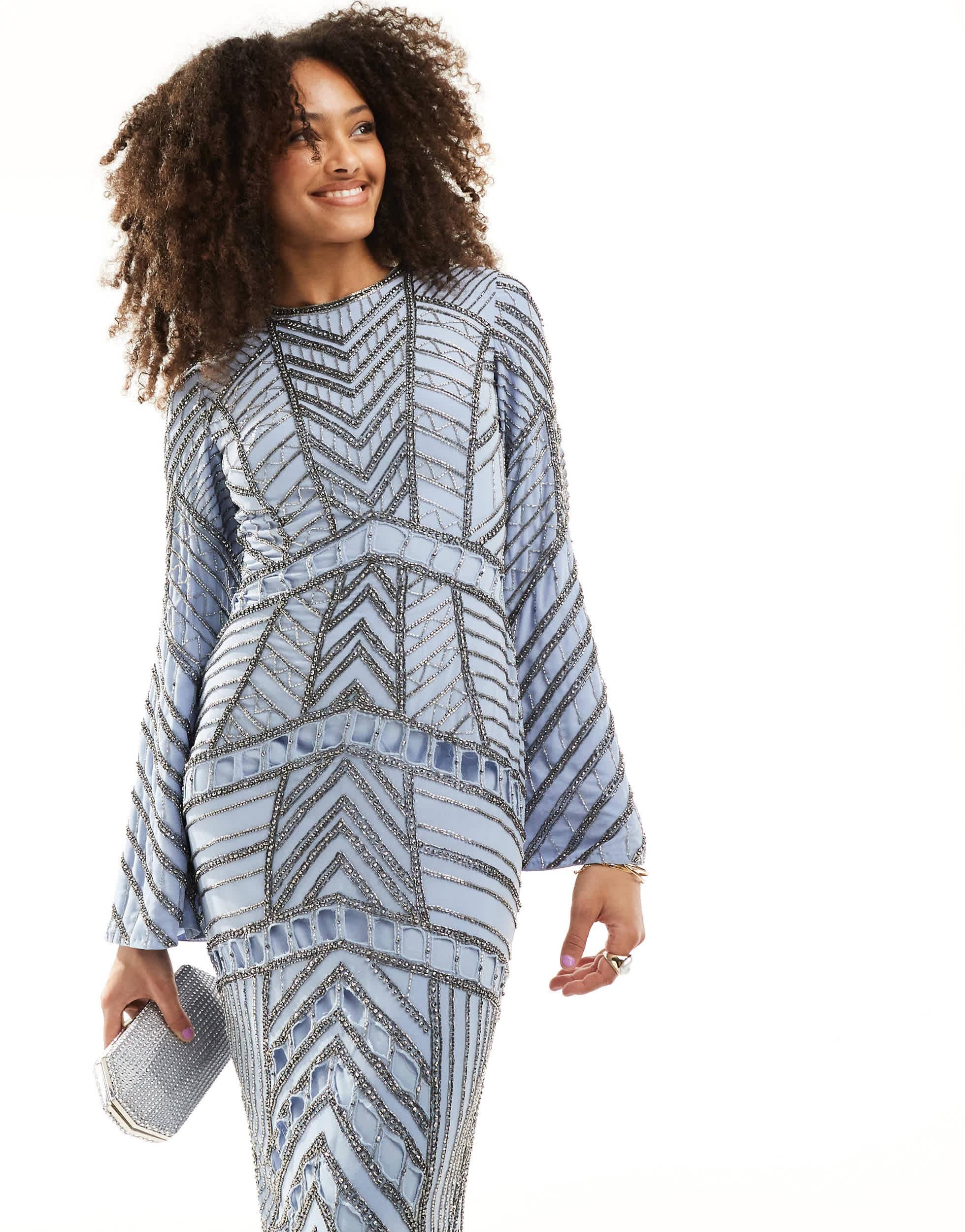 ASOS Embellished Long Sleeve Chevron Maxi Dress in Blue | Lyst