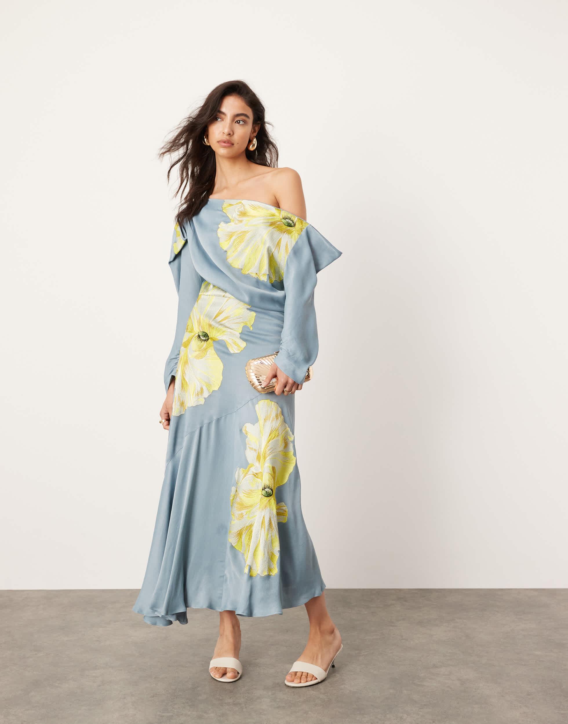 16455 Blue Draped Floral Satin Dress