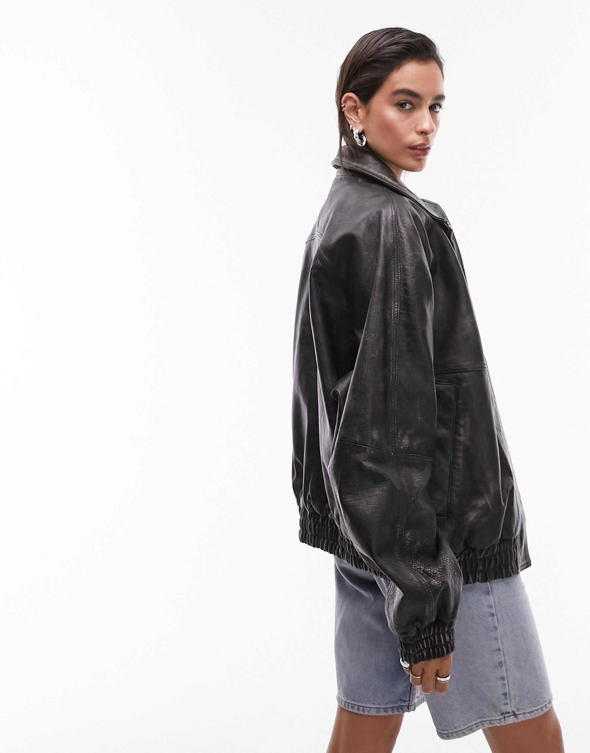 TOPSHOP Real Leather Washed 80s Seam Bomber Jacket in Black