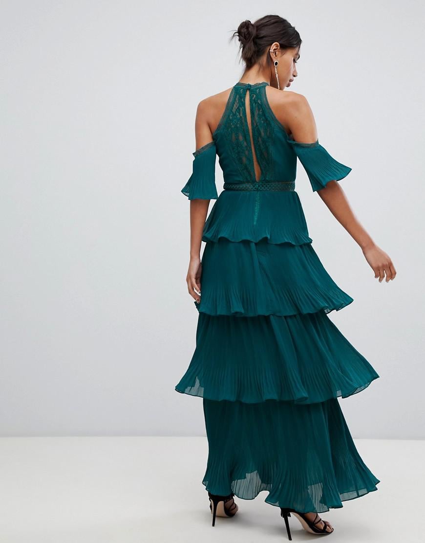 True Decadence Cold Shoulder Tiered Maxi Dress With Tassel Detail In Forest  Green | Lyst
