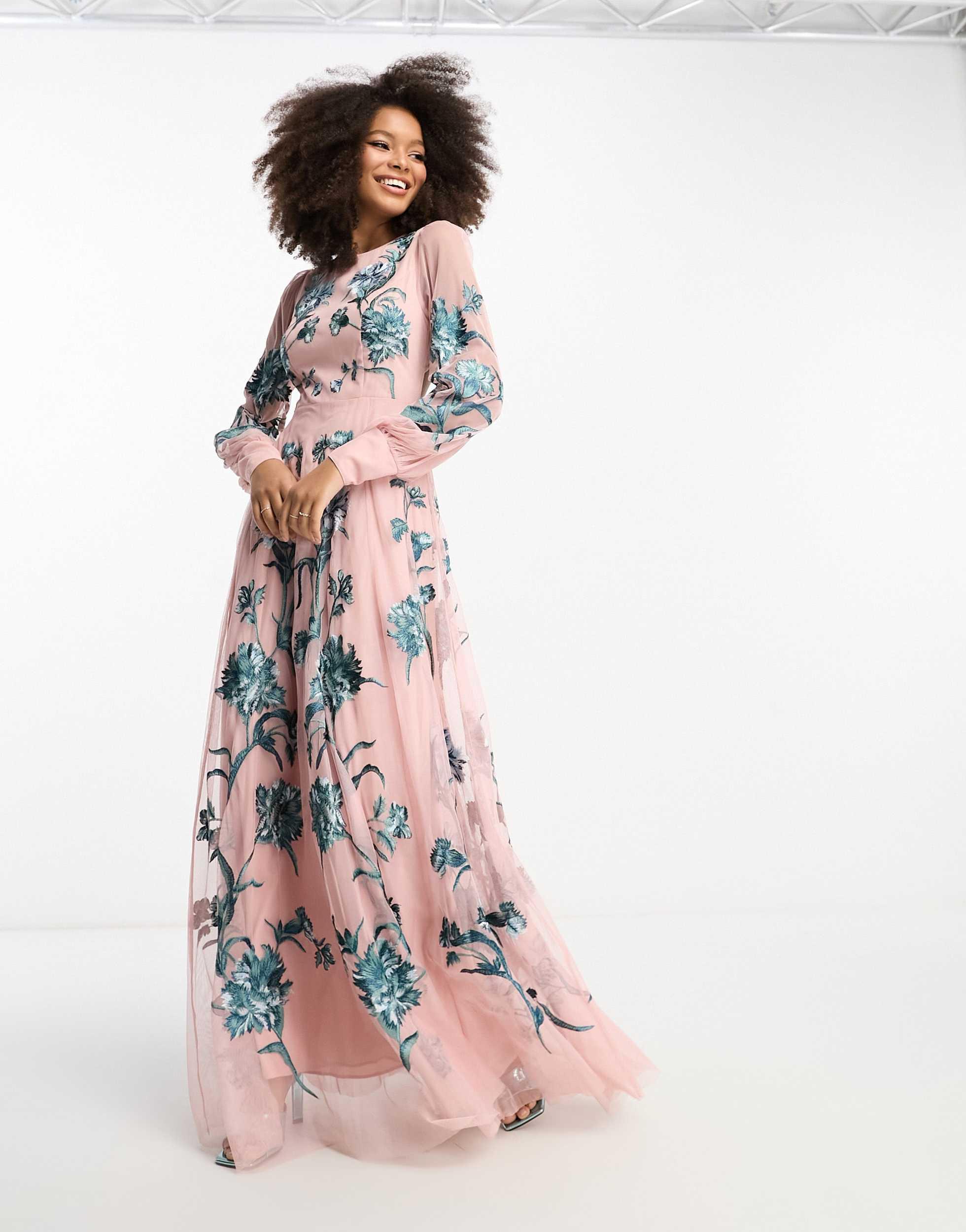 ASOS Blouson Sleeve Floral Embroidered Maxi Dress With Open Back in White |  Lyst