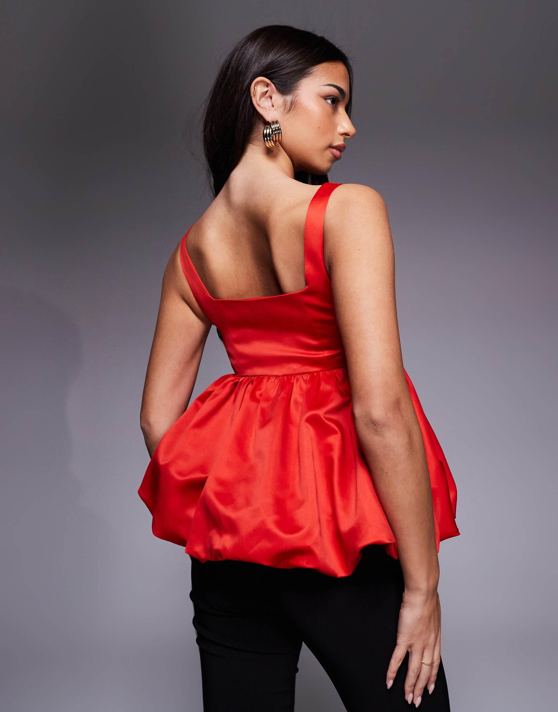 red peplum dress asos Kaiia exclusive bandeau volume peplum puffball lace up back column maxi dress in red