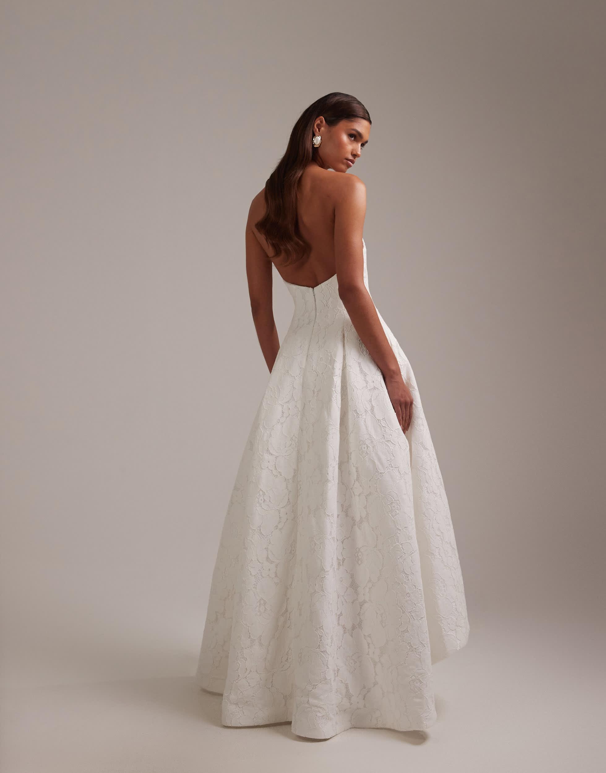 ASOS Bridal Curved Strapless Neckline Lace Midi Dress in White | Lyst