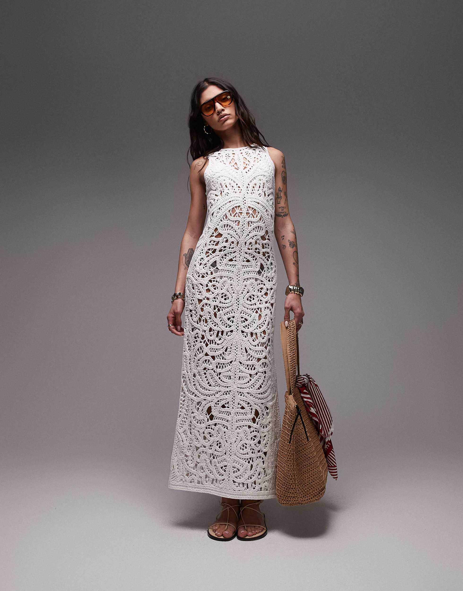 topshop white crochet dress TOPSHOP Knitted Premium Crochet Maxi Dress in Gray