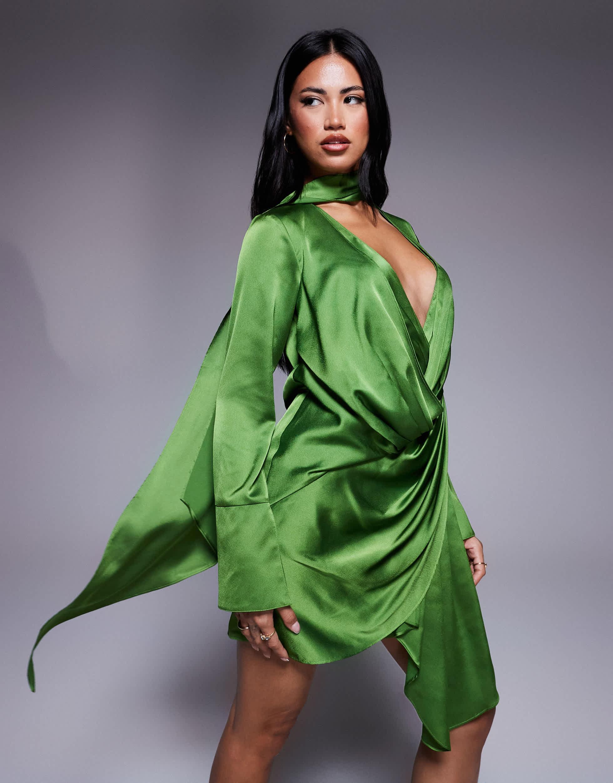 long-sleeve plunge satin mini dress Long Sleeve Extreme Plunge Mini Dress In Chocolate Brown | EGO US