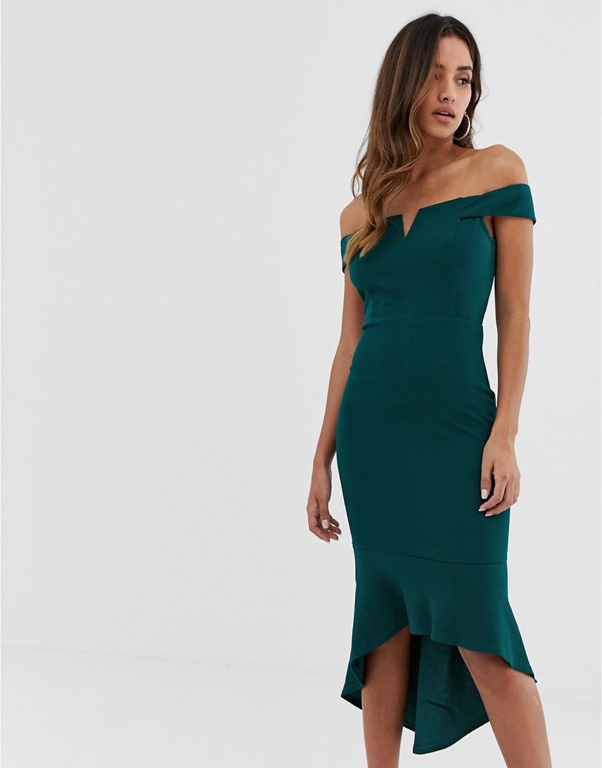 AX Paris Synthetic Off Shoulder Hi Lo Dress With V Detail in Green | Lyst