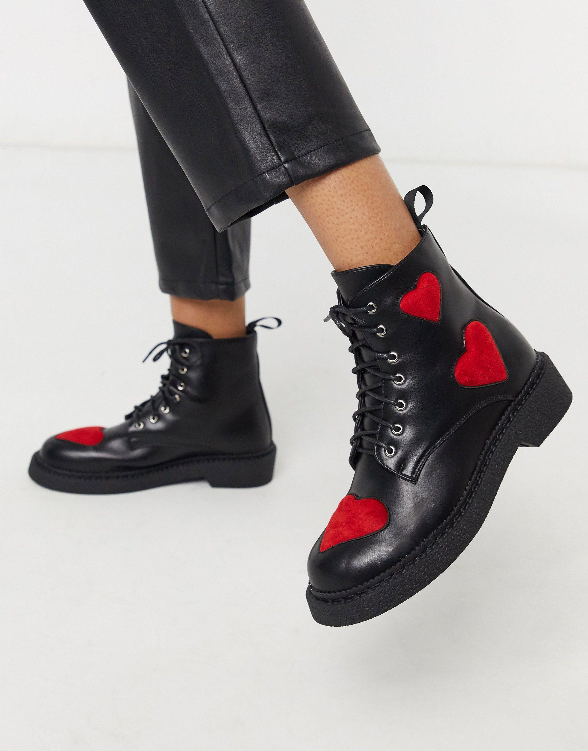 LAMODA Flat Heart Detail Lace Up Boots in Black | Lyst