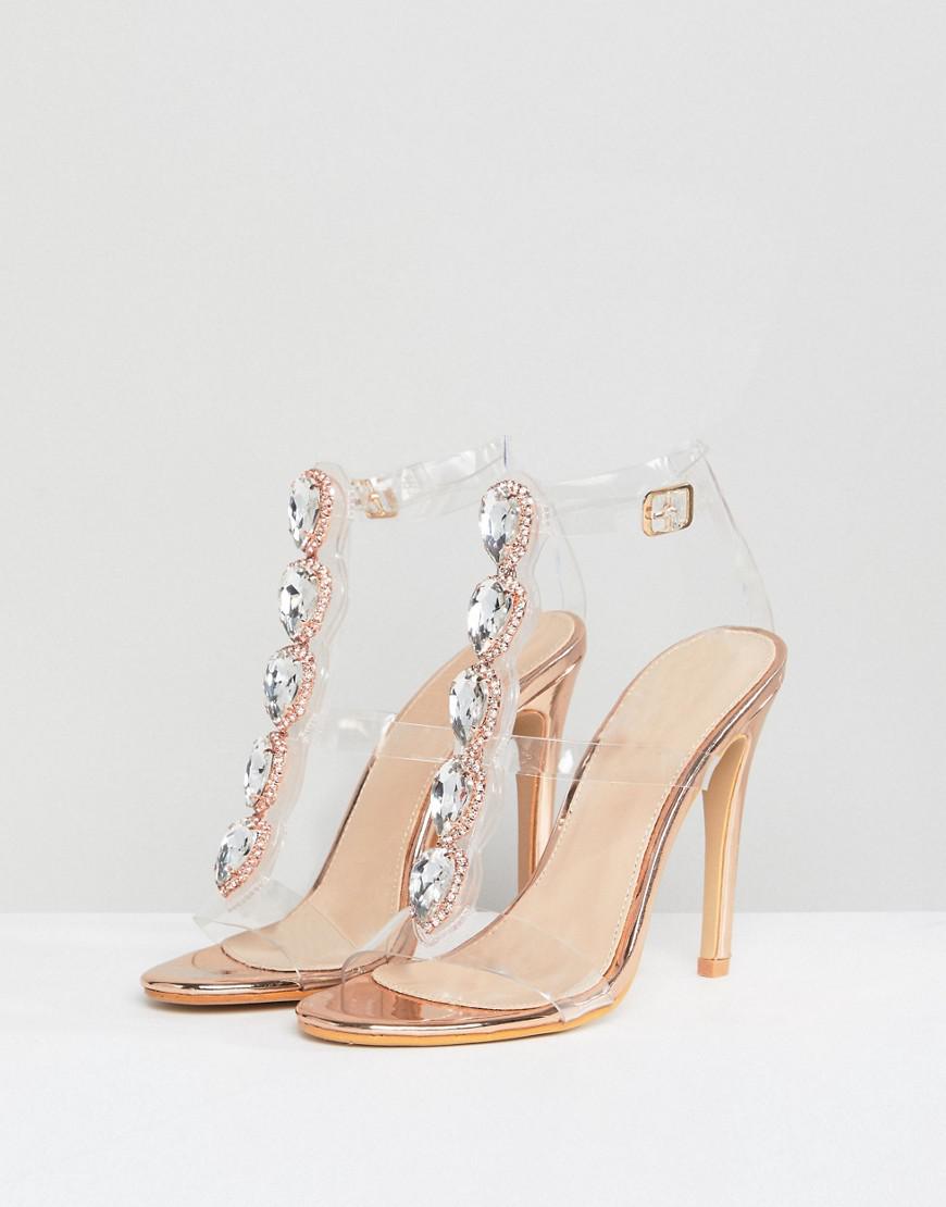 Public Desire Azalea Rose Gold Clear Strap Embellished Heeled Sandals in  Metallic | Lyst