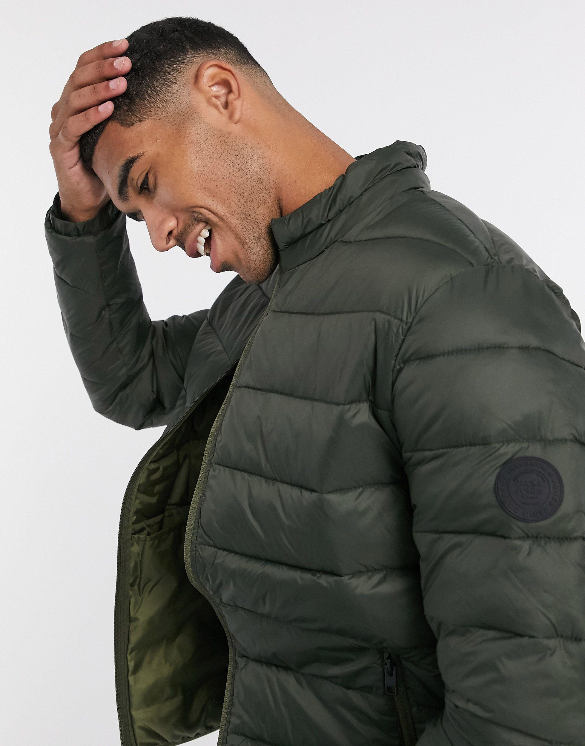 Jack & Jones Synthetic Essentials Puffer Jacket With Collar in Green for  Men | Lyst