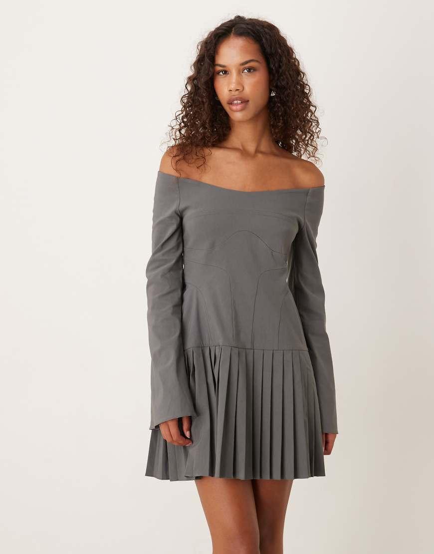Midi Dress Asos Grey Pleated Dress ASOS Long Sleeve Pleated Skirt