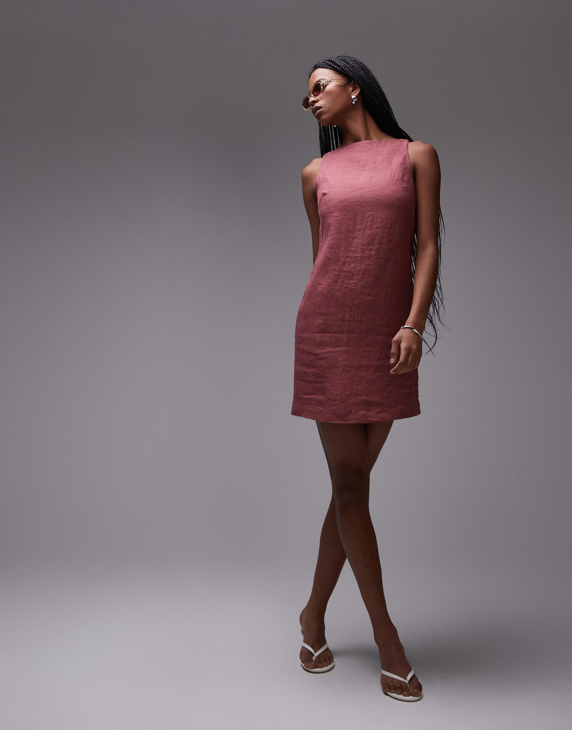 & Other Stories Linen Mini Dress With Boat Neck in Red | Lyst