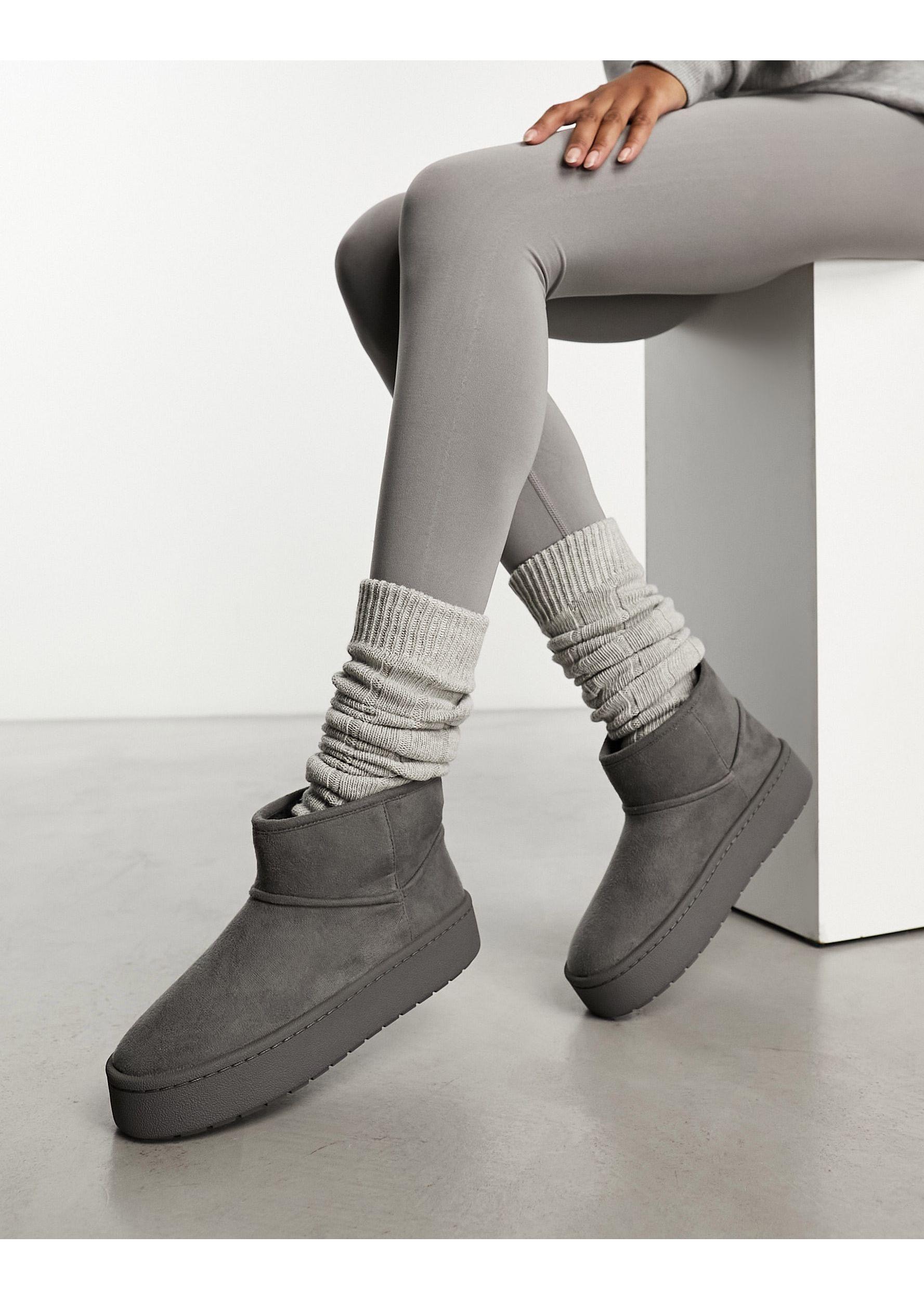 Monki Faux Suede Mini Platform Boot Slippers in Gray Lyst