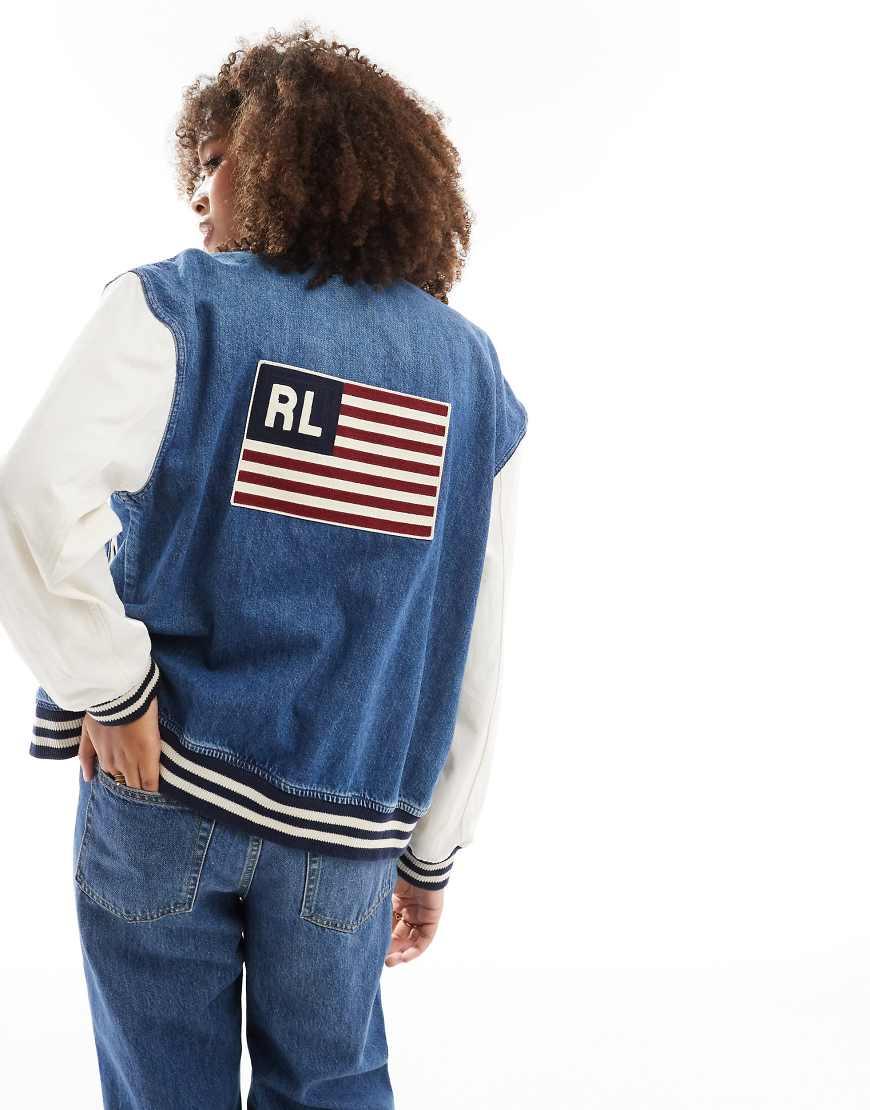 Polo Ralph Lauren Denim Bomber Jacket With Flag Backprint in Blue