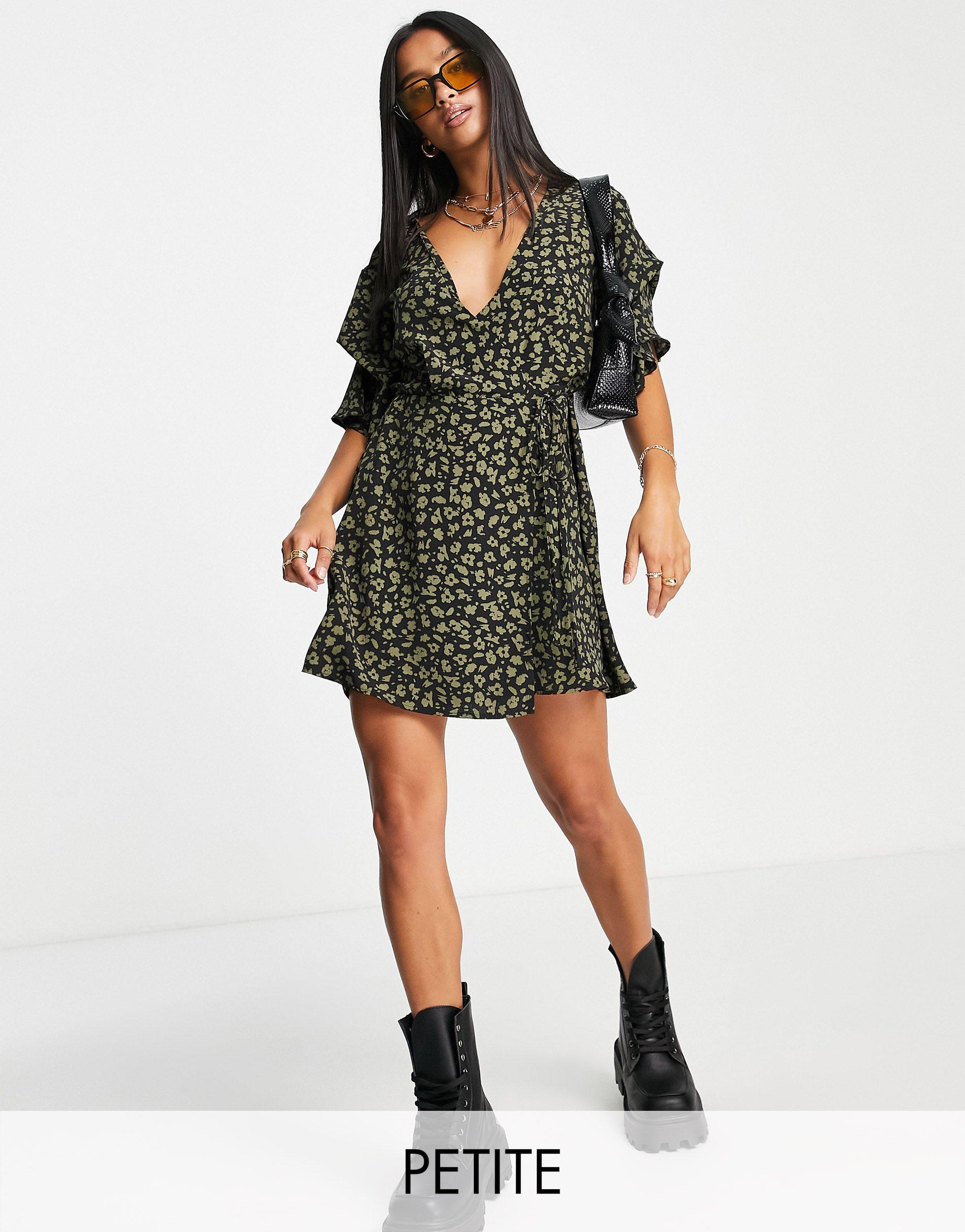 TOPSHOP Synthetic Petite Double Frill Floral Mini Dress in Black | Lyst