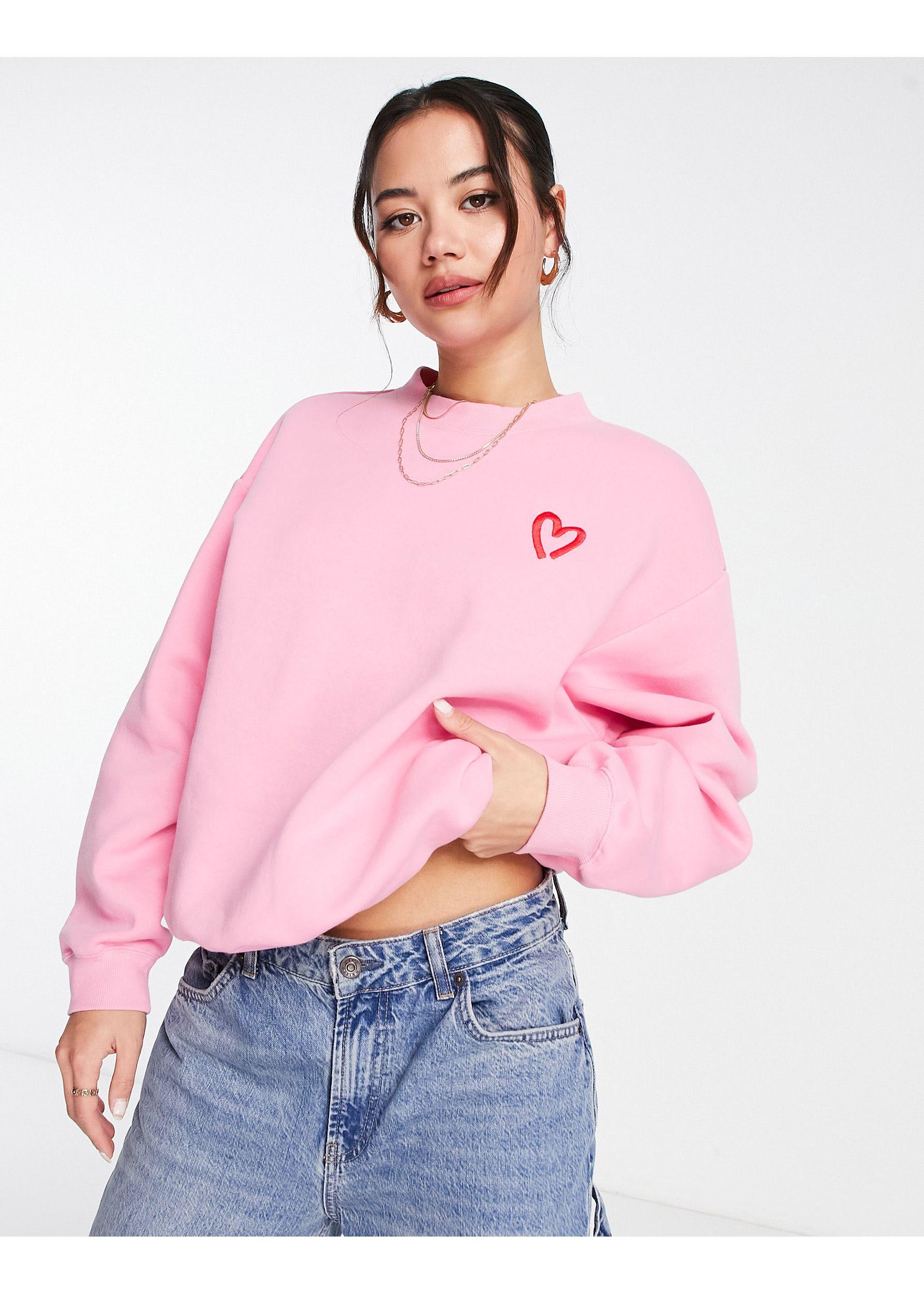 Monki Sweatshirt With Heart Embroidery in Pink | Lyst